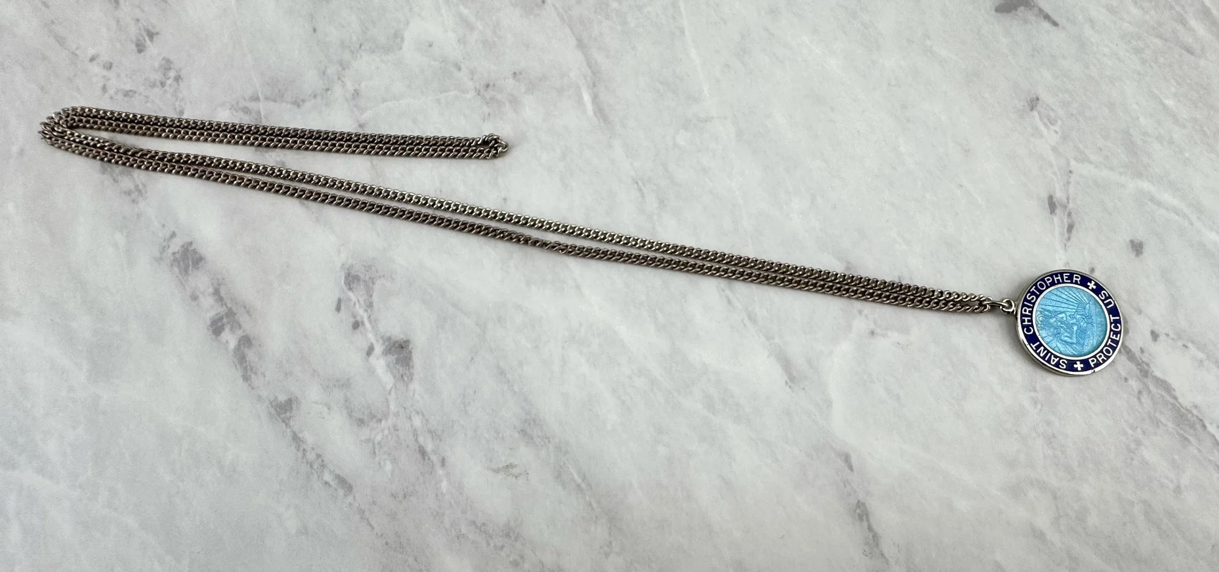 Vintage Navy and Aqua Enameled 1” Neptune St Christopher Surfer Silver Necklace