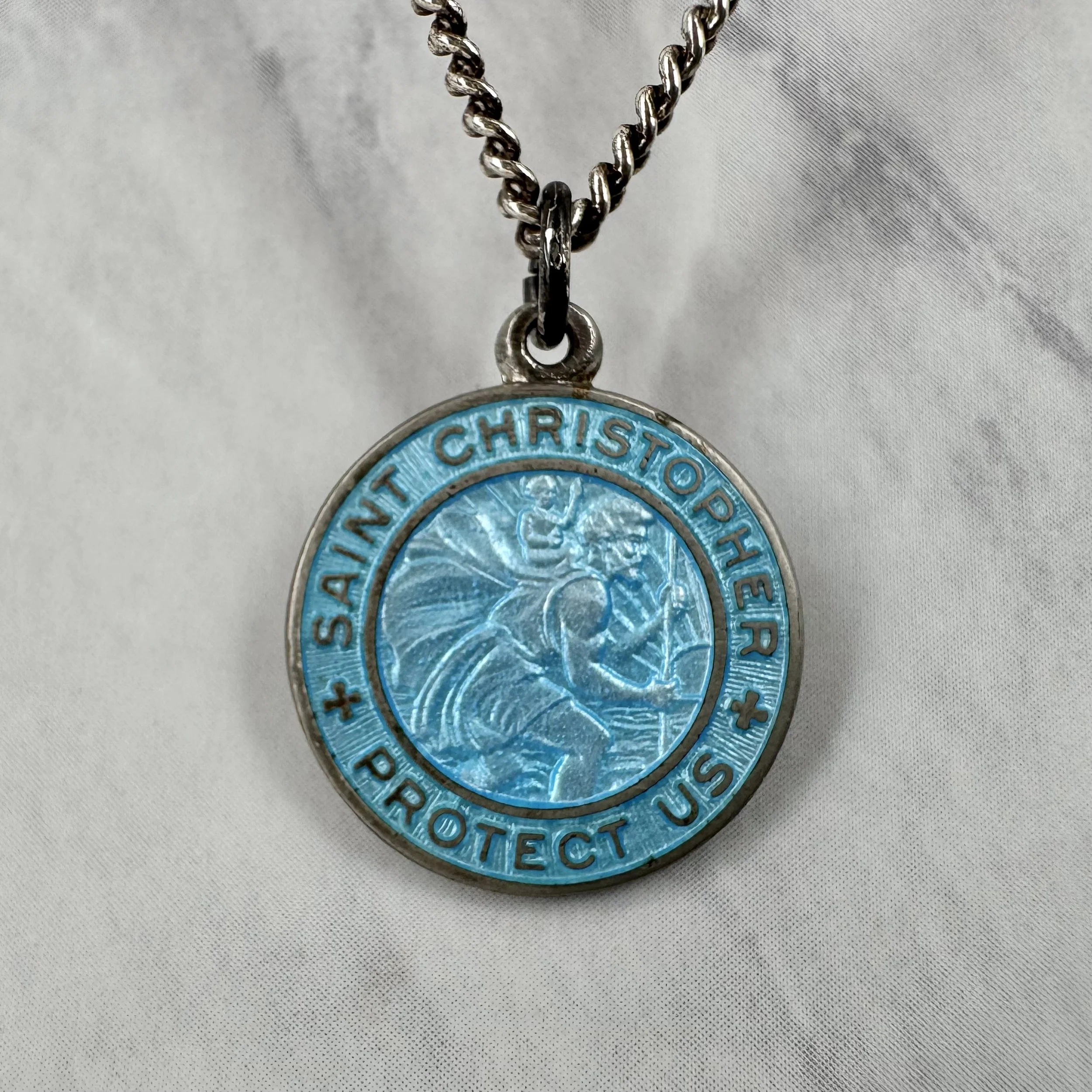 Vintage Aqua Blue Enameled Silver 3/4” St Christopher Necklace