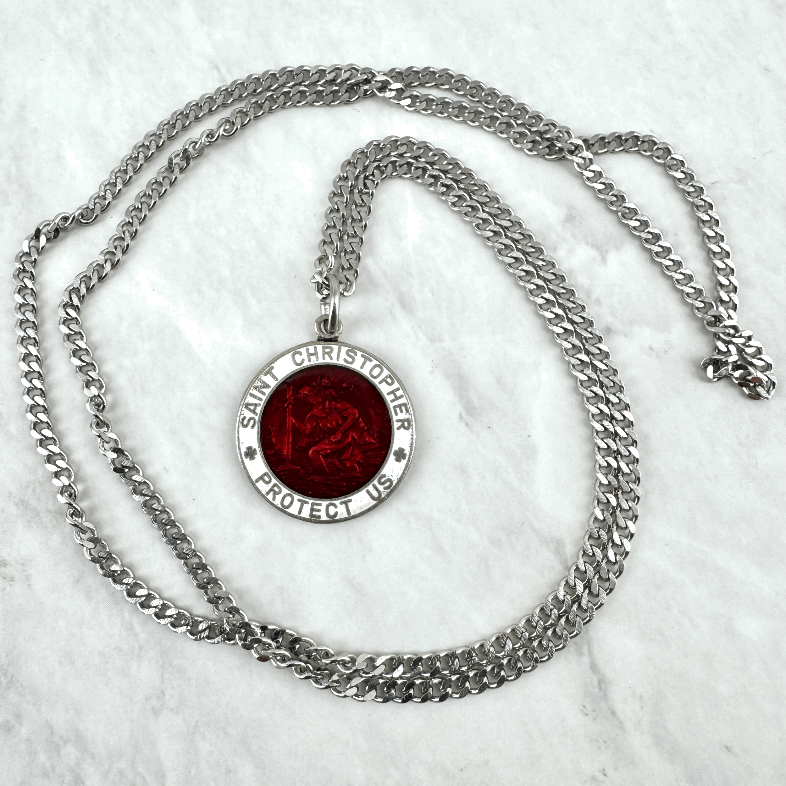 Vintage Enameled Double Sided 1” Star of David ~ White & Red  St Christopher Necklace