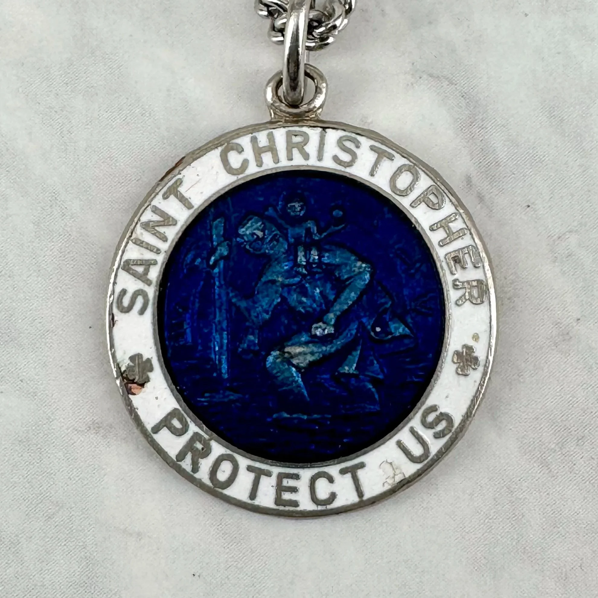 Vintage White and Blue 1” St Christopher Zodiac Surfer Necklace