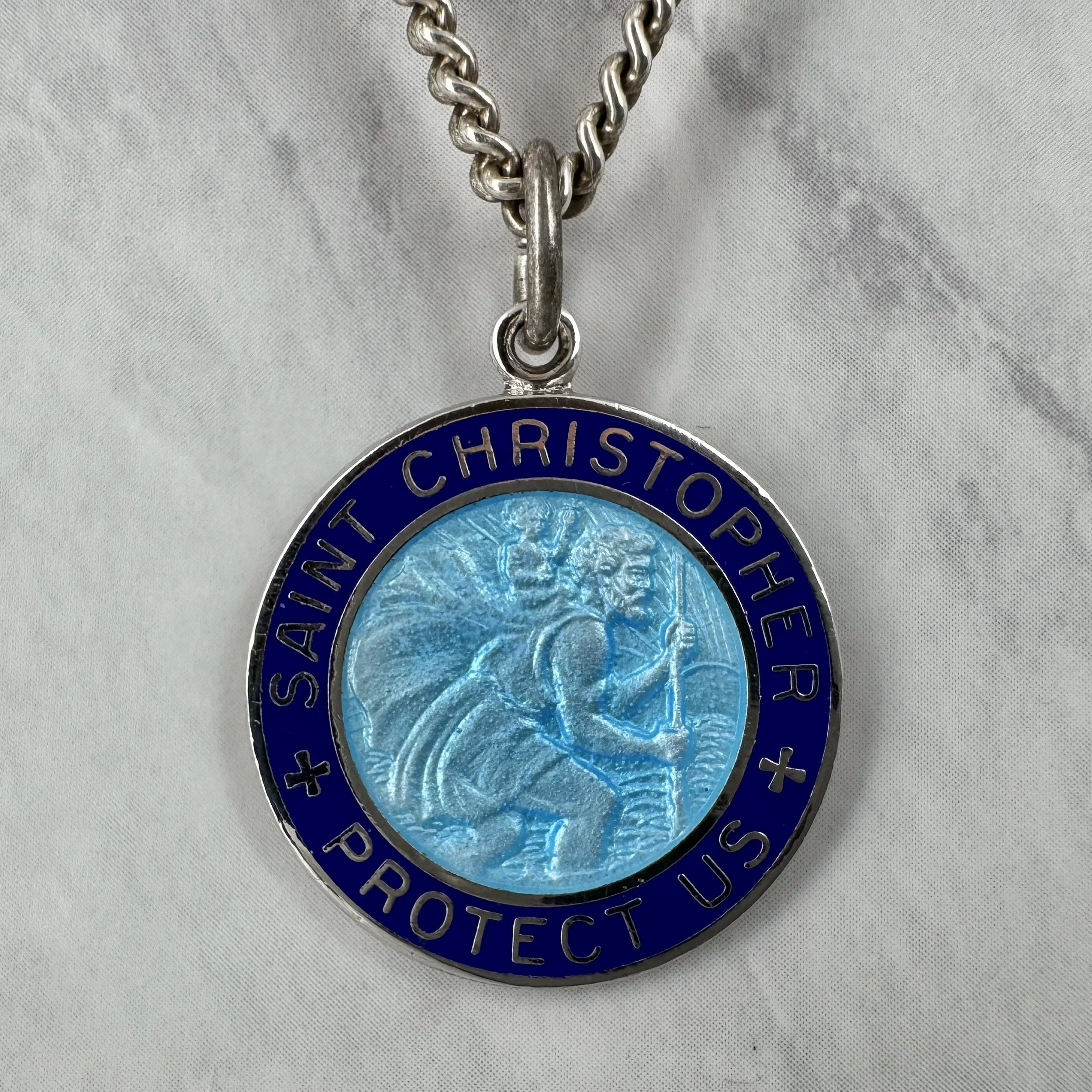 Vintage Two Tone Blue Enameled Silver 1” St Christopher Necklace