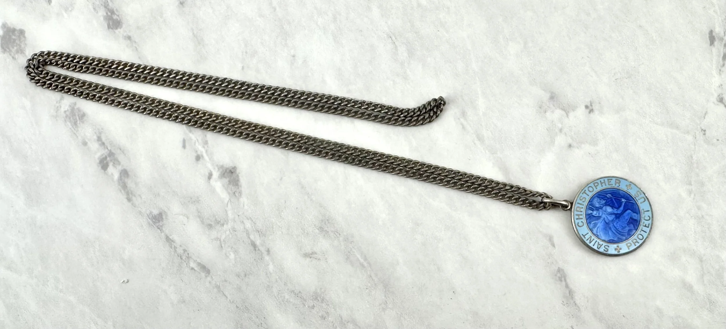 Vintage Two Tone Blue Enameled Silver 1” St Christopher Necklace