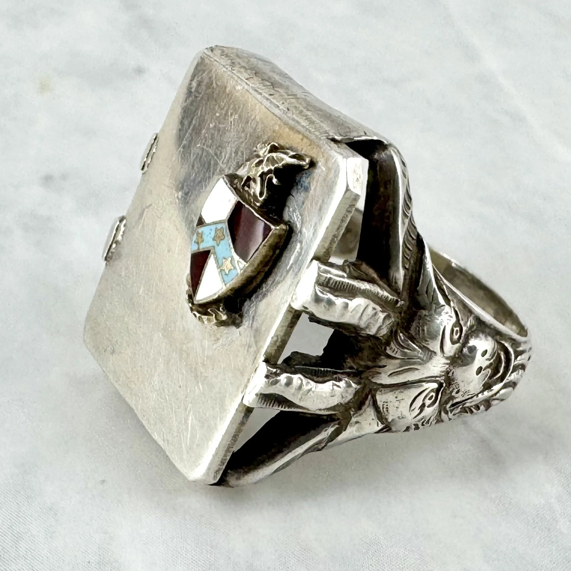 Vintage Silver Laughing Goat Signet Ring with Griffin Topped Enameled Crest