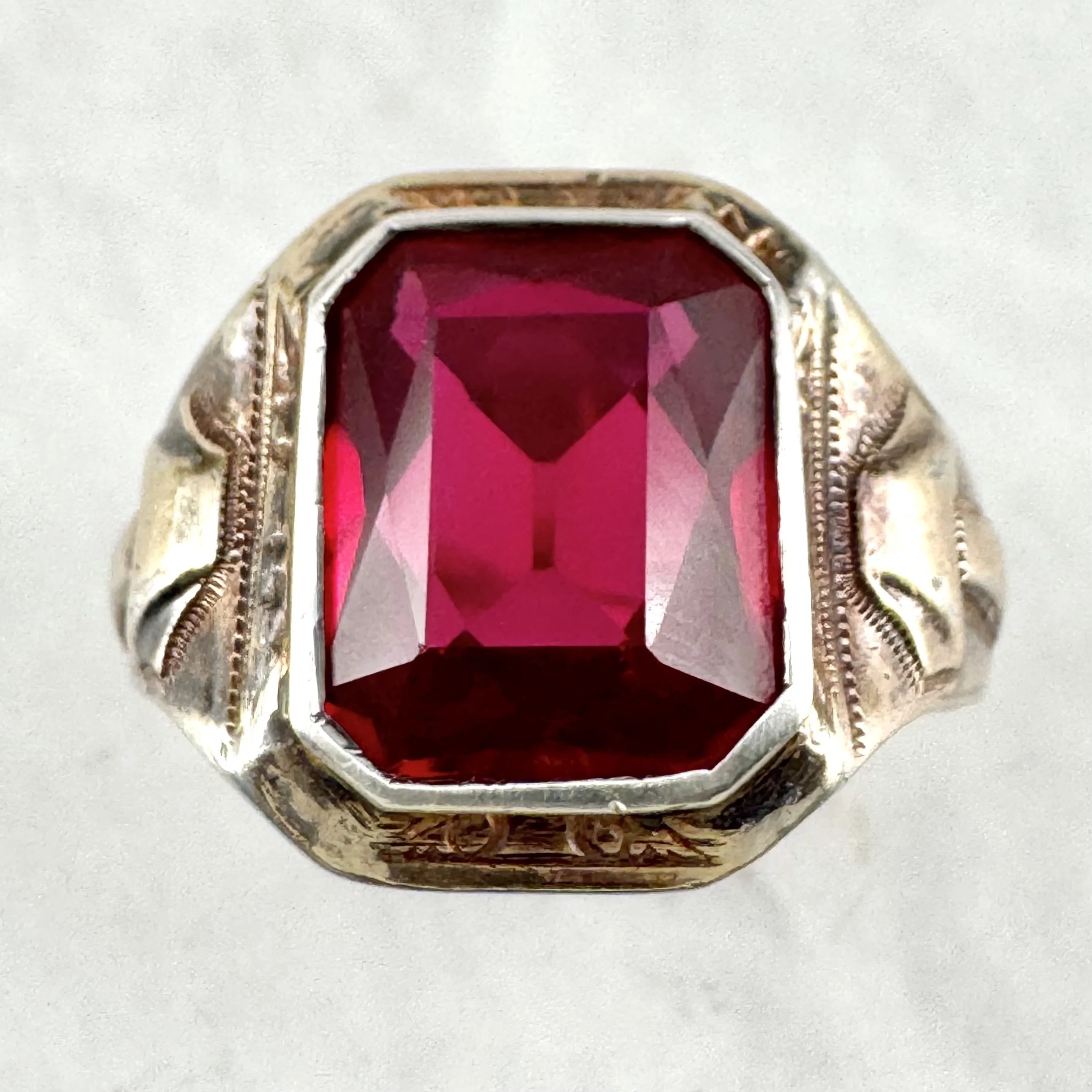 Vintage Deco Mushroom Like Sterling and Gold Ruby Ring