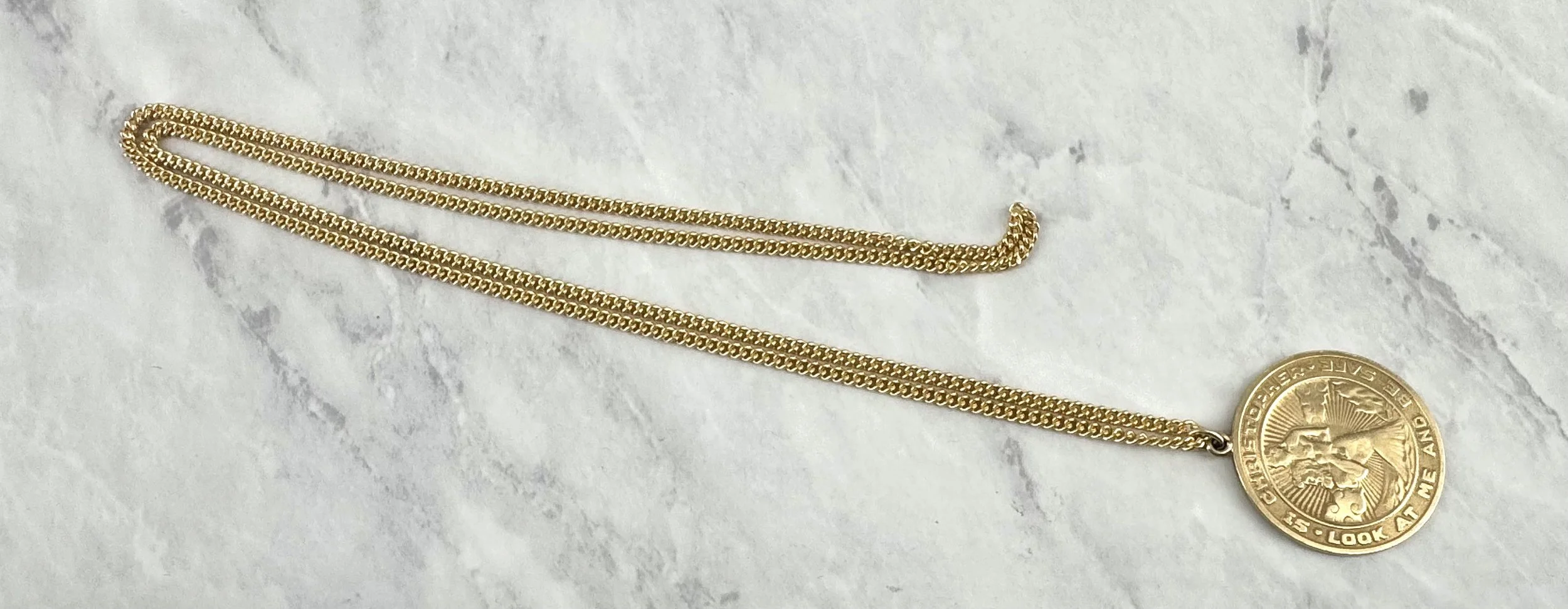 Large 1-1/4” Vintage 14k Gold St Christopher Necklace ~ S.S. 