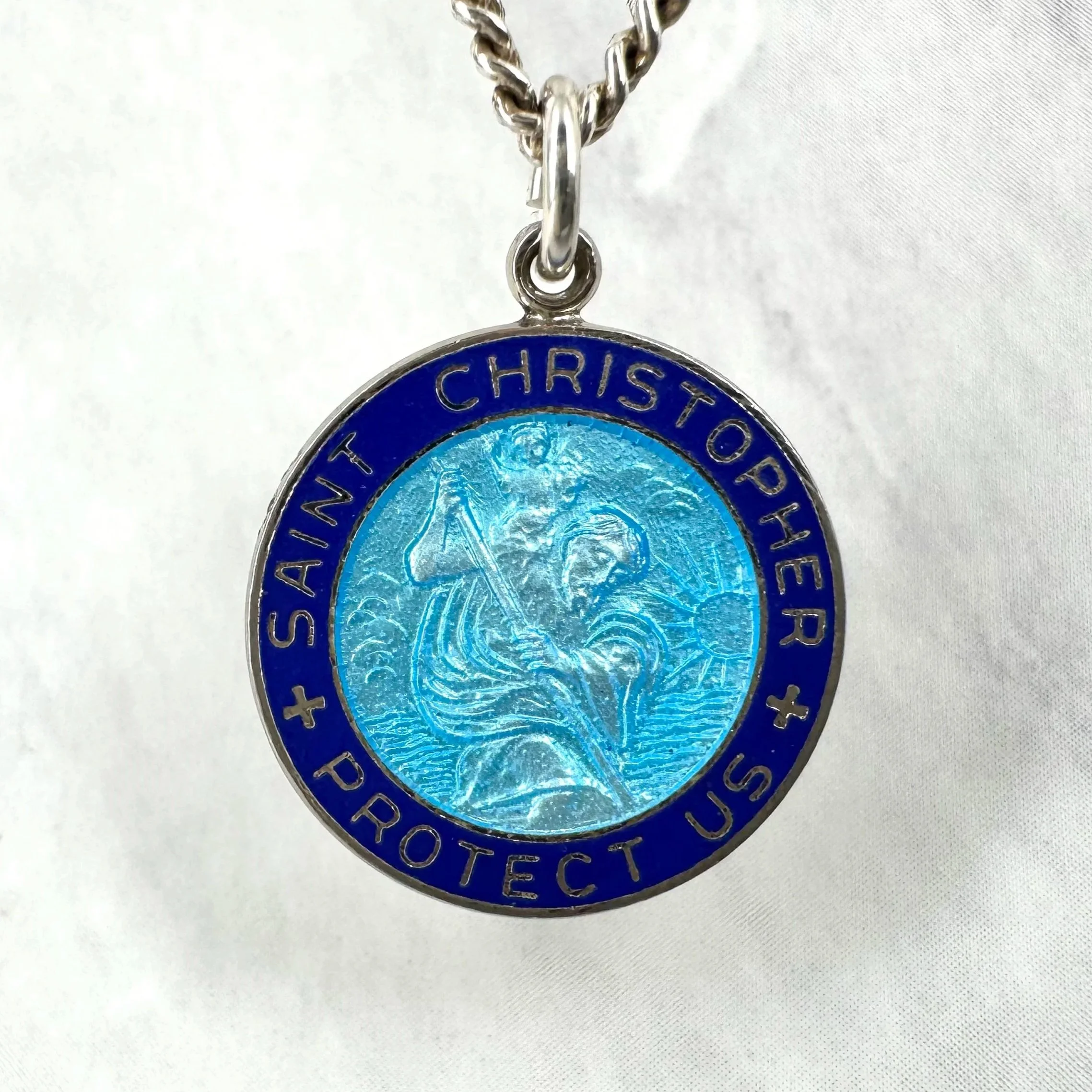 Vintage 2-Tone Blue Enameled 3/4” St Christopher Water Skier Necklace