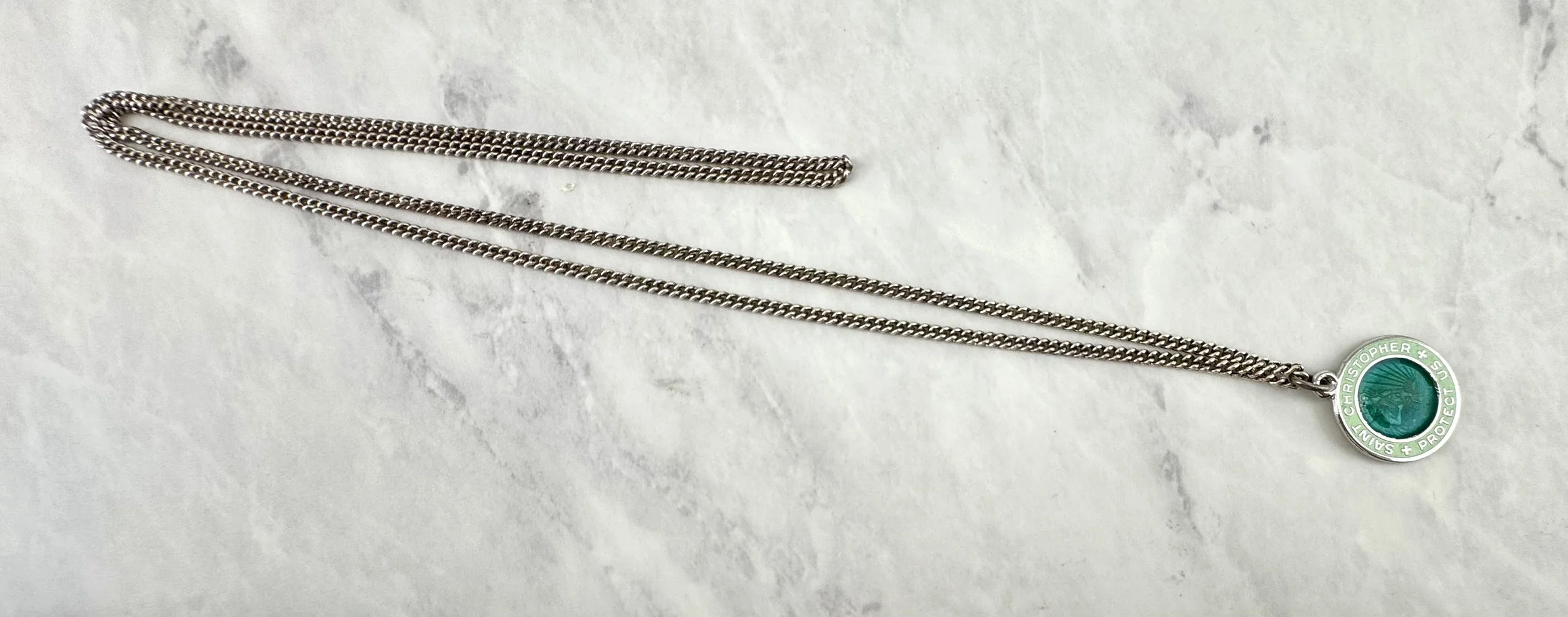 Vintage 2-Tone Green Enameled 3/4” Neptune Surfer St Christopher Necklace