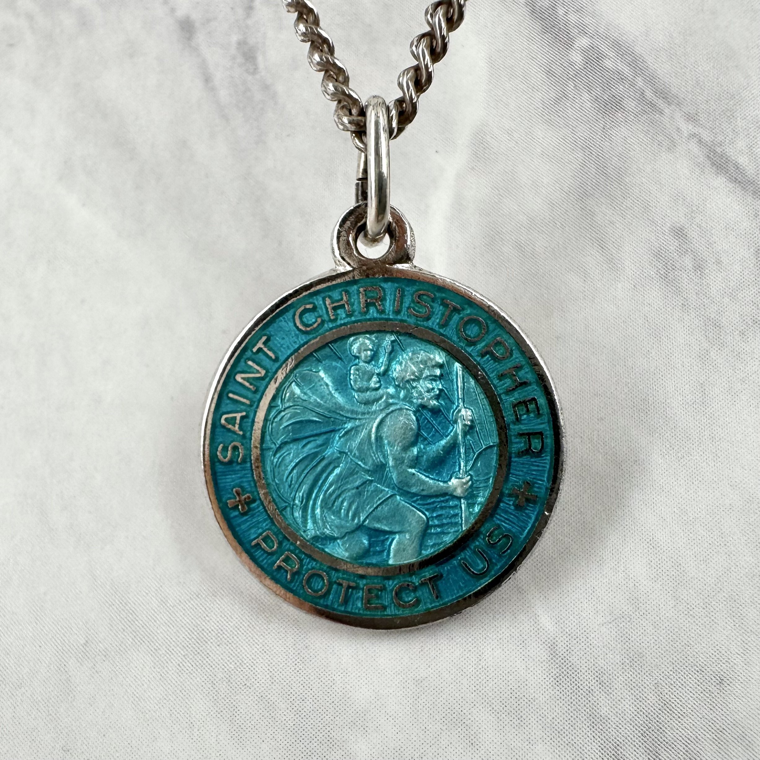 Vintage Turquoise Enameled Silver 3/4” St Christopher Necklace