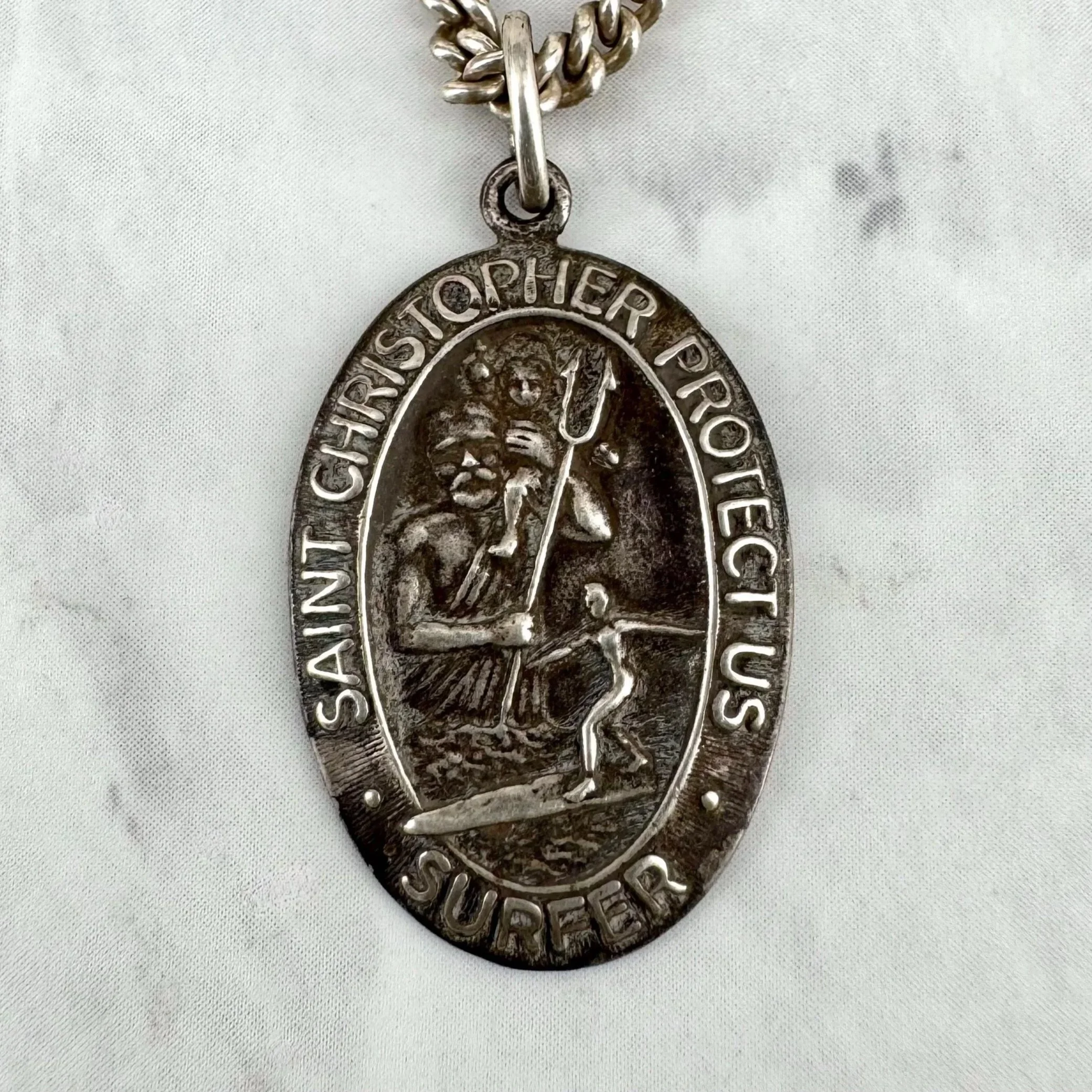 Vintage 1” Neptune St Christopher Surfer Silver Necklace