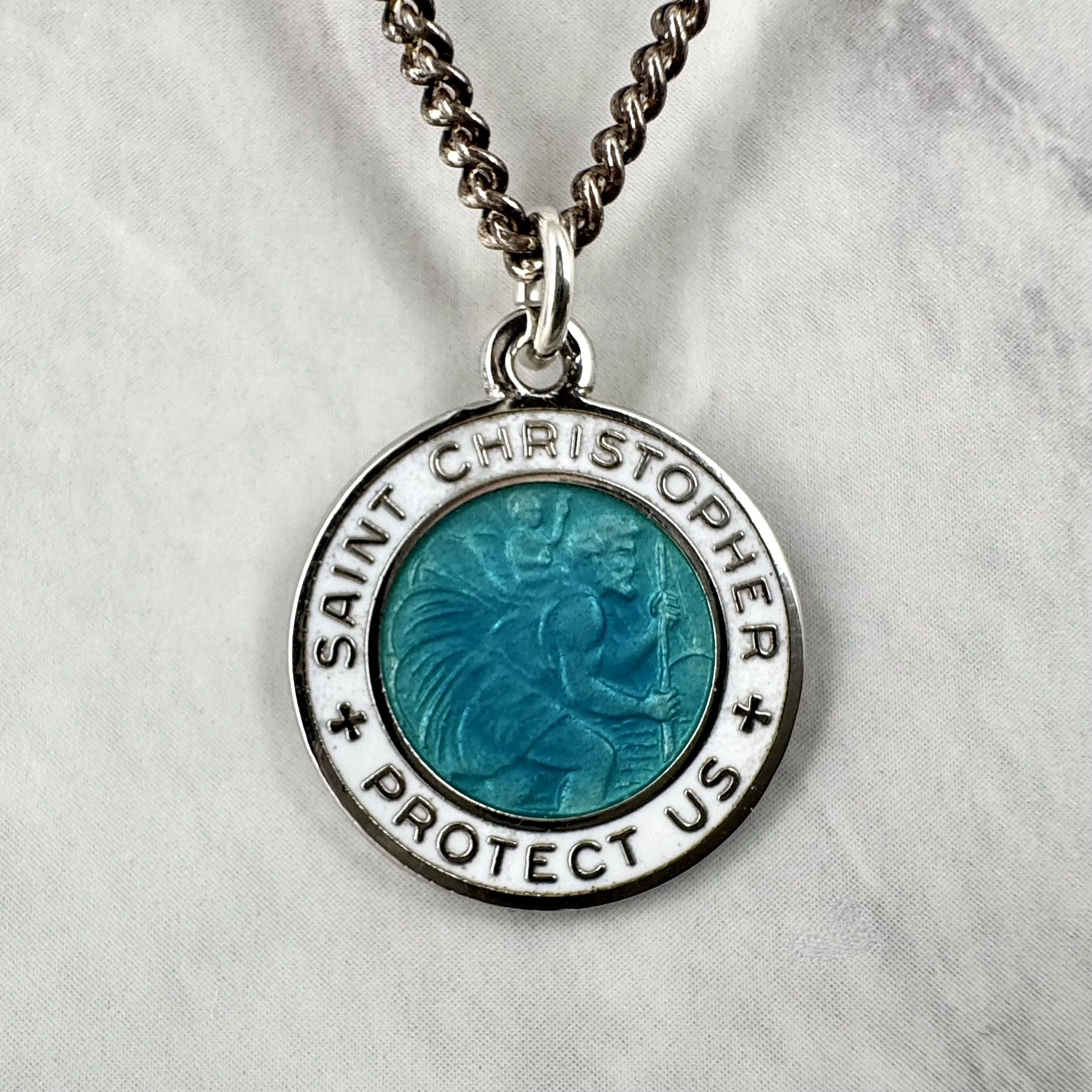 Vintage White and Turquoise Enameled Silver 3/4” St Christopher Necklace