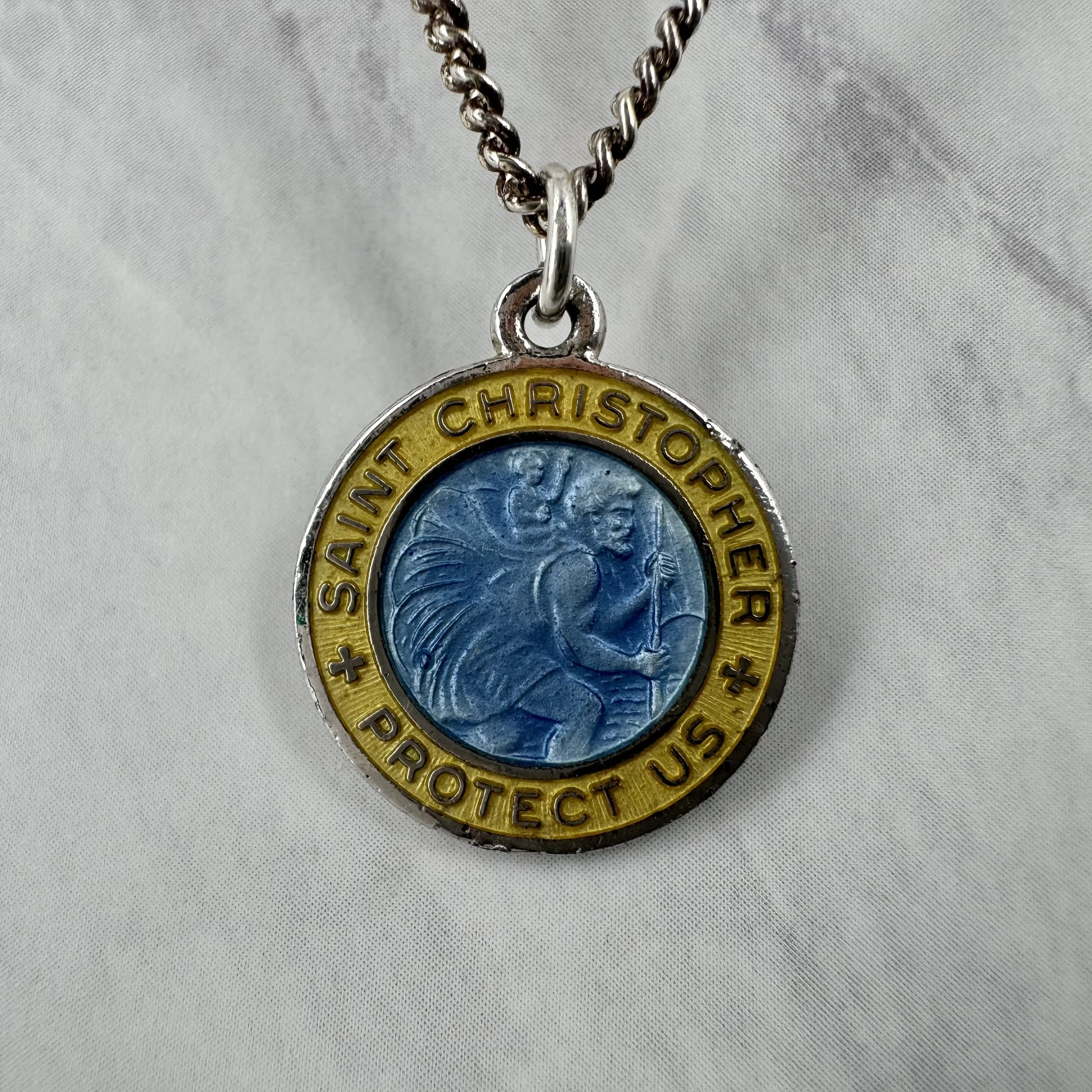 Vintage Yellow and Slate Blue Enameled Silver 3/4” St Christopher Necklace
