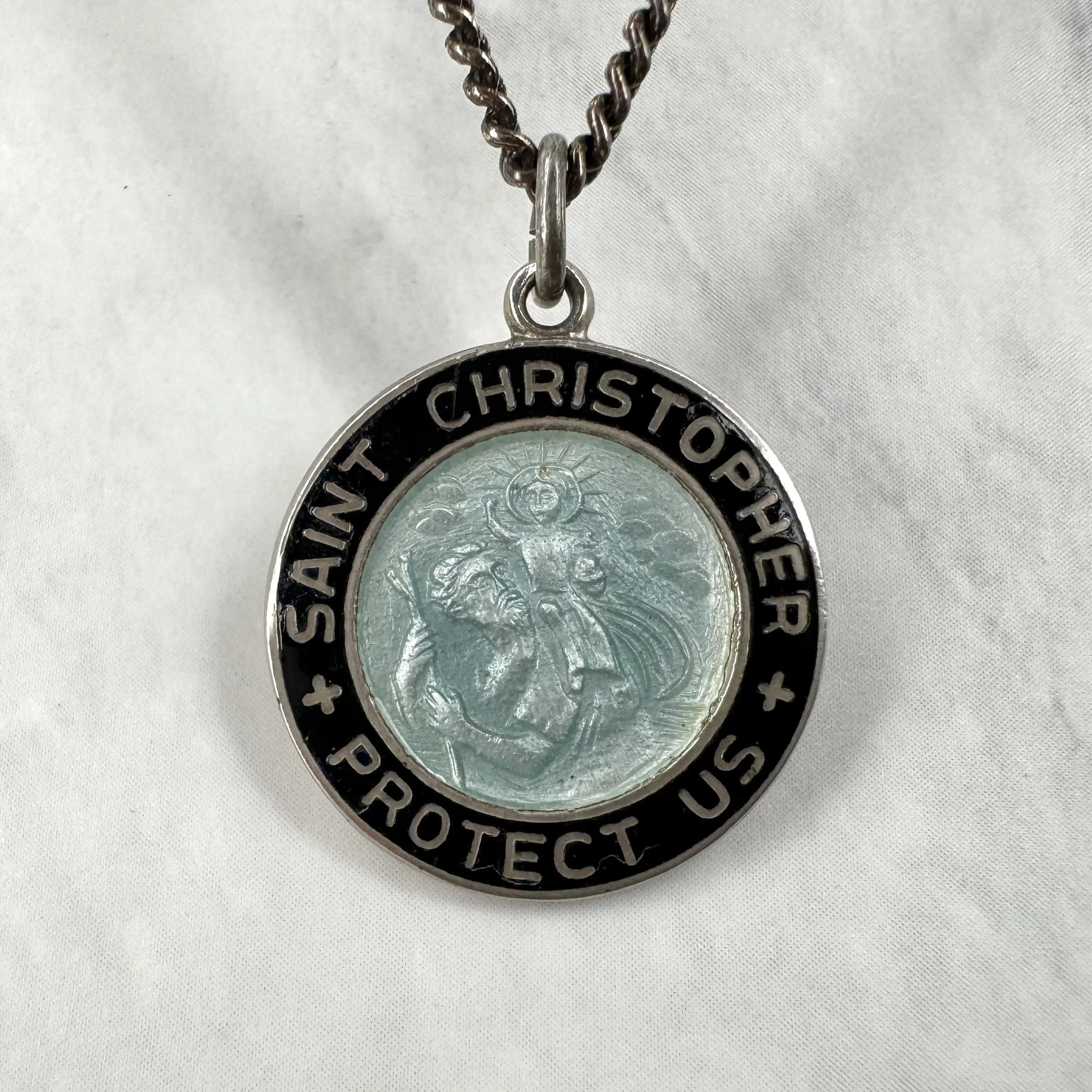 Vintage Black and Seafoam Enameled Silver 13/16” St Christopher Necklace