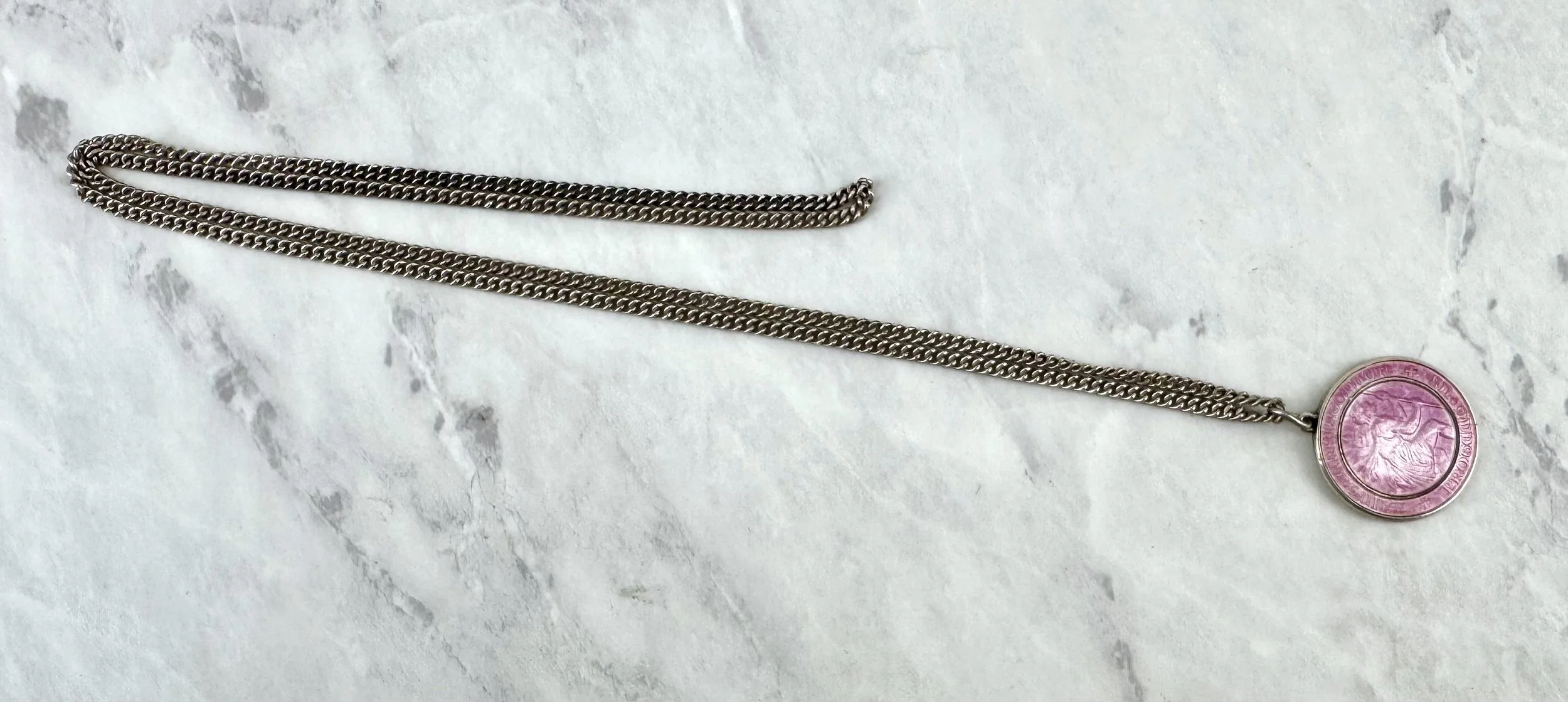 Vintage Pink Enameled Silver 1” St Christopher Necklace