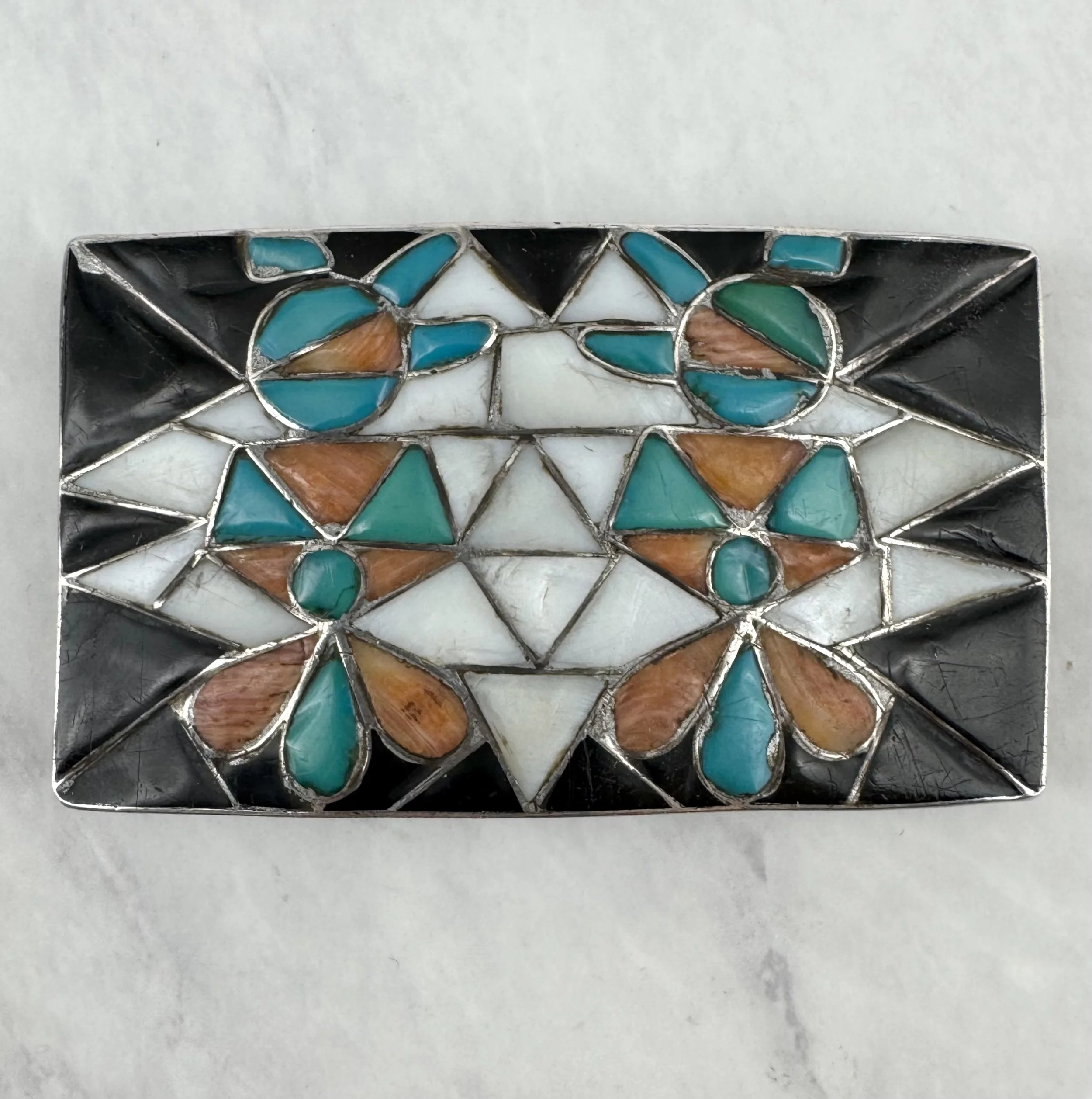 Vintage Zuni Multi Stone Inlay Double Thunder Bird Belt Buckle