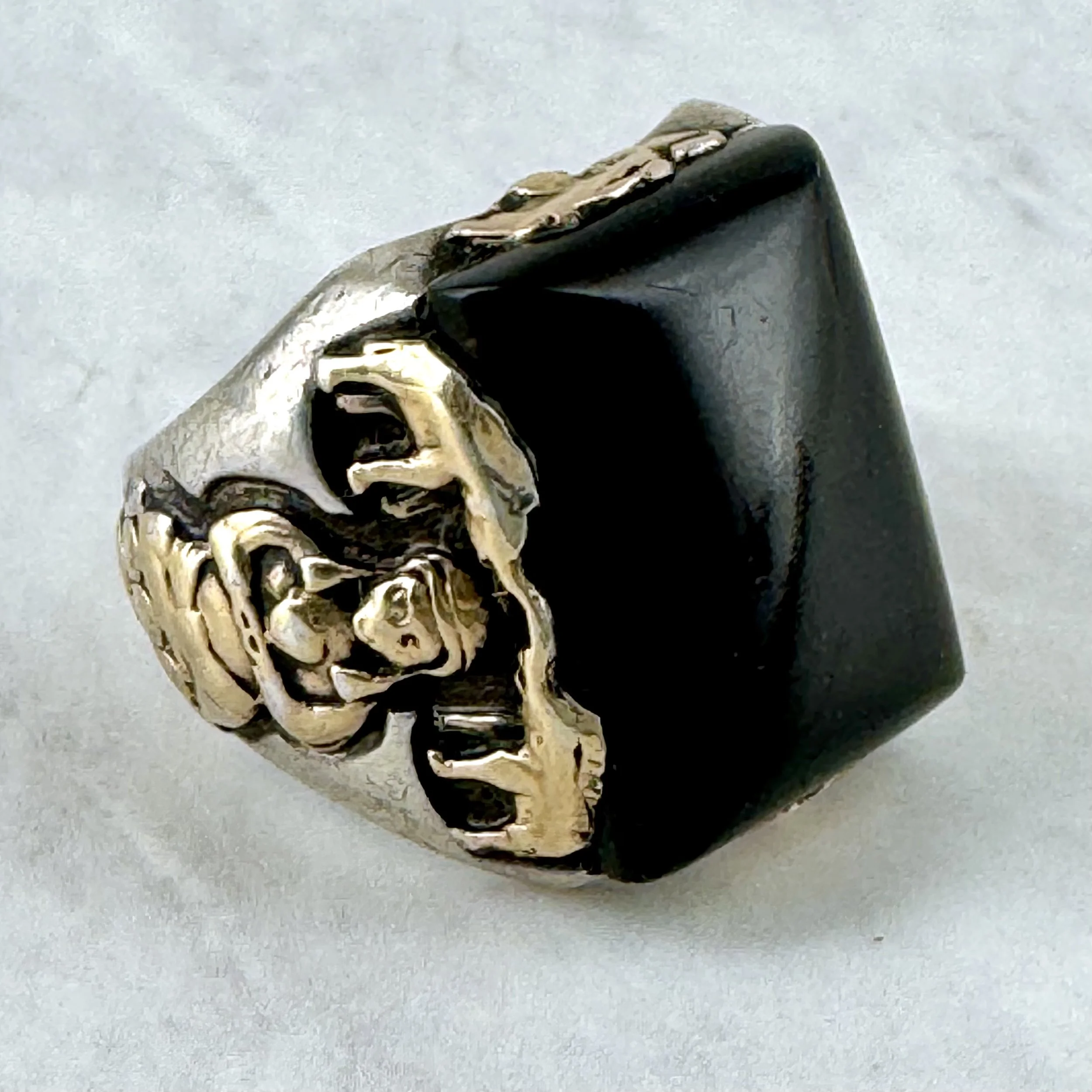 Vintage Onyx Silver and Gold Buddha in Lotus Flower with Elephants Ring
