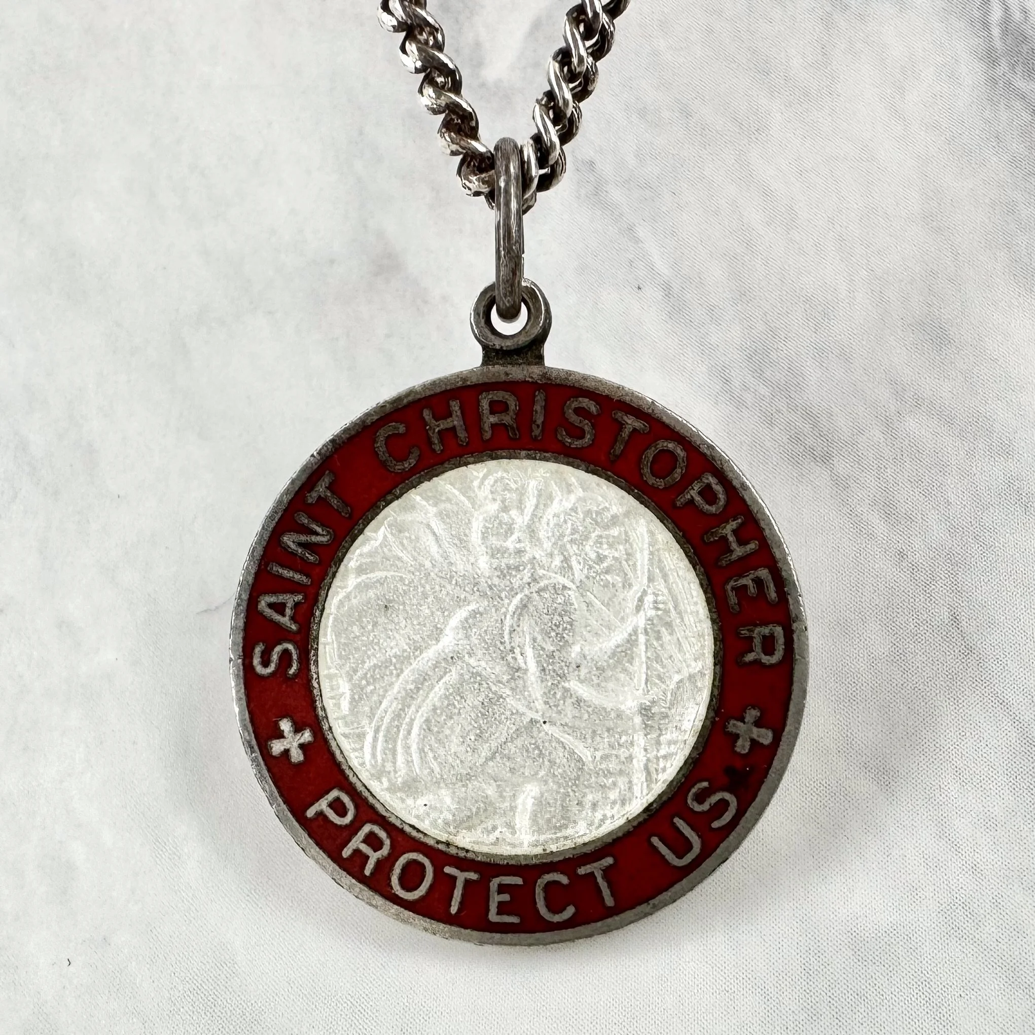 Vintage Dark Red and White Enameled 1” St Christopher Silver Necklace