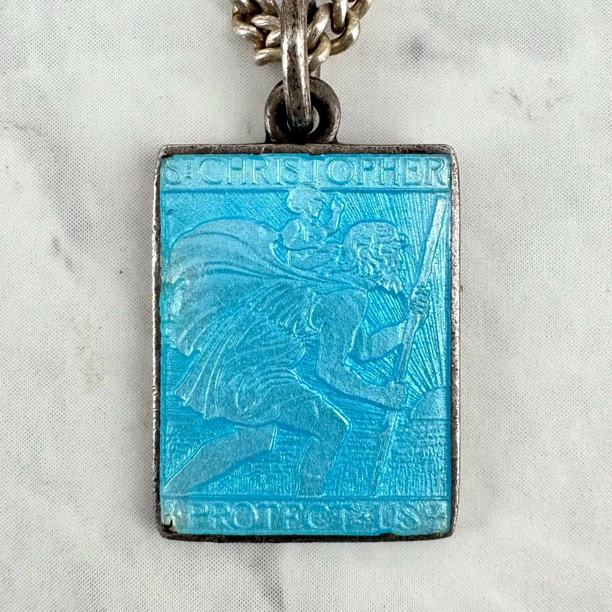 Vintage Aqua Blue Enameled Silver 7/8” St Christopher Necklace