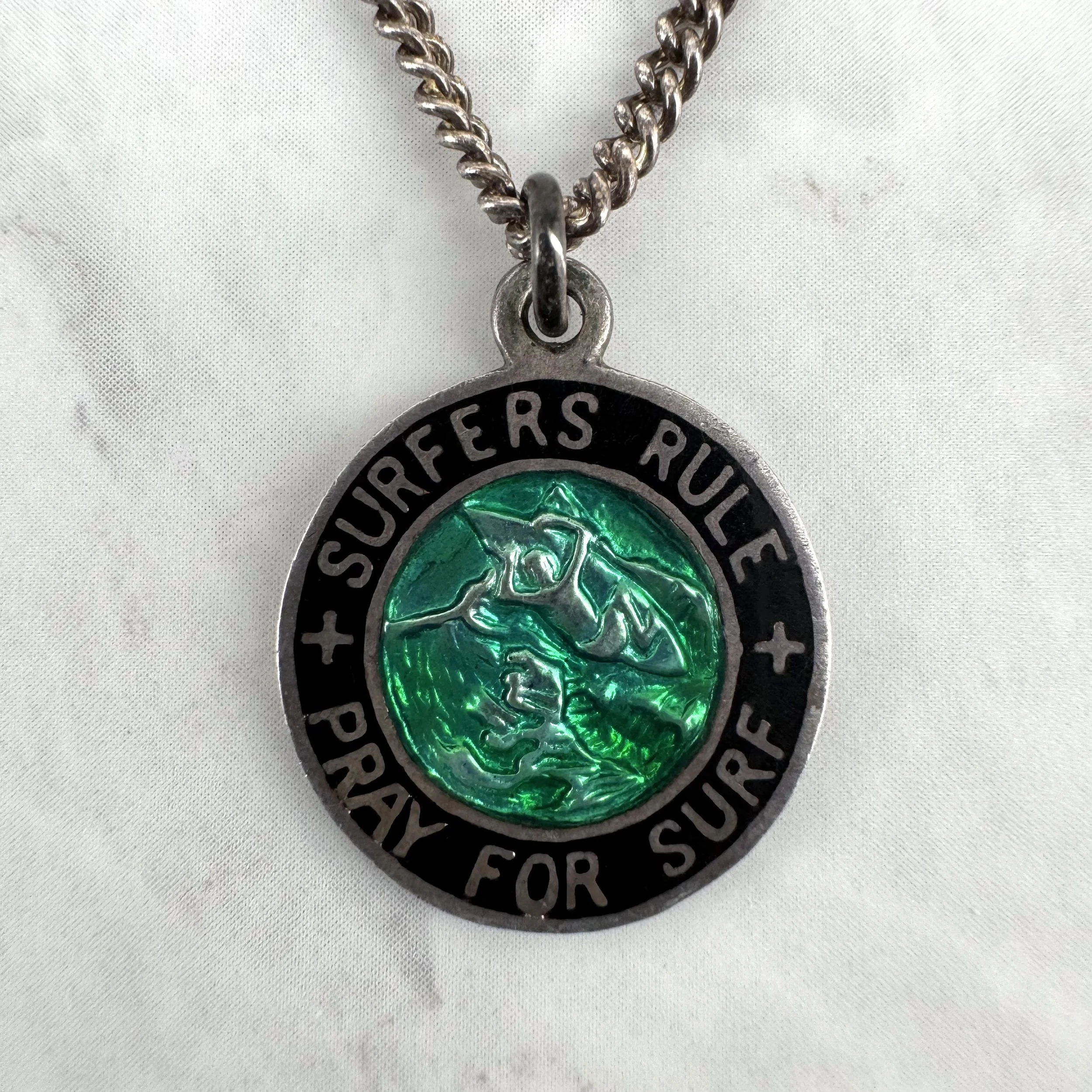 Vintage Black and Green Enameled 3/4” Surfers Rule Pray For Surf Silver Necklace