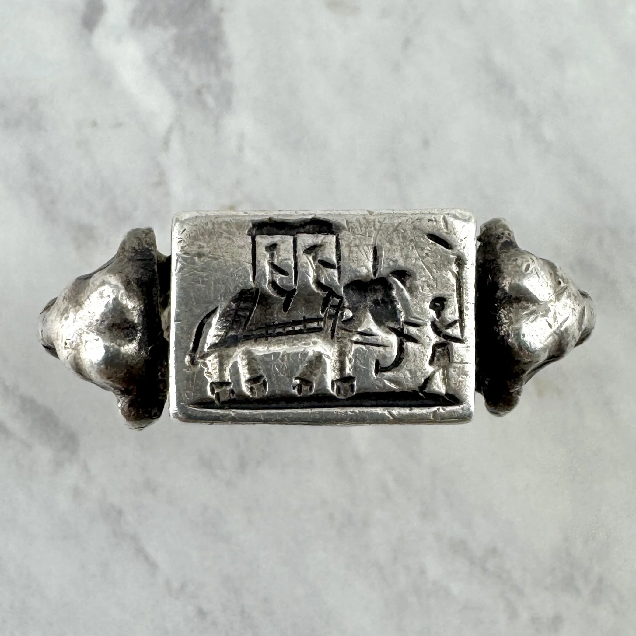 Vintage Royal Elephants Silver Intaglio Ring