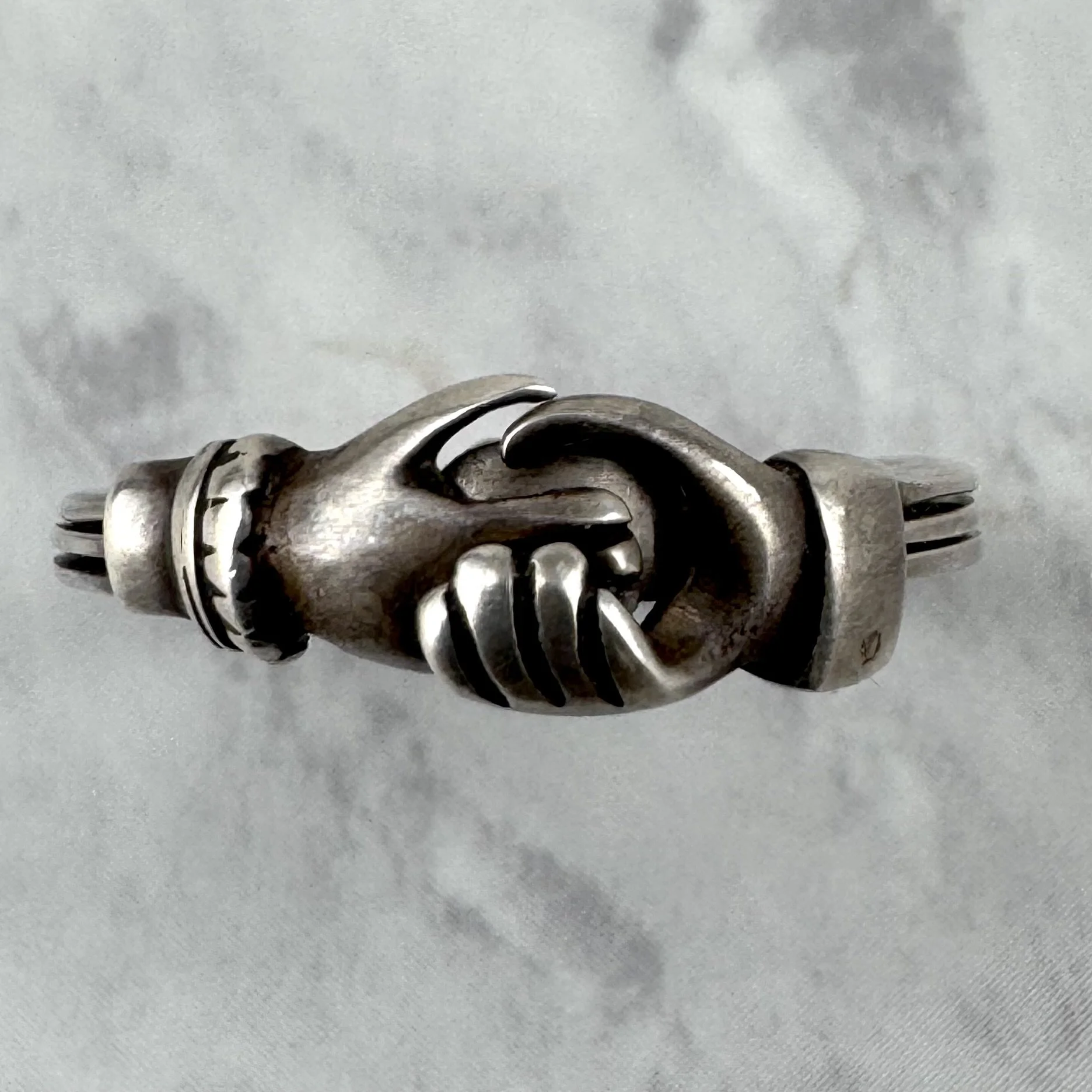 Vintage Silver Hand Shake Hidden Heart Love Token 3-Piece Puzzle Ring