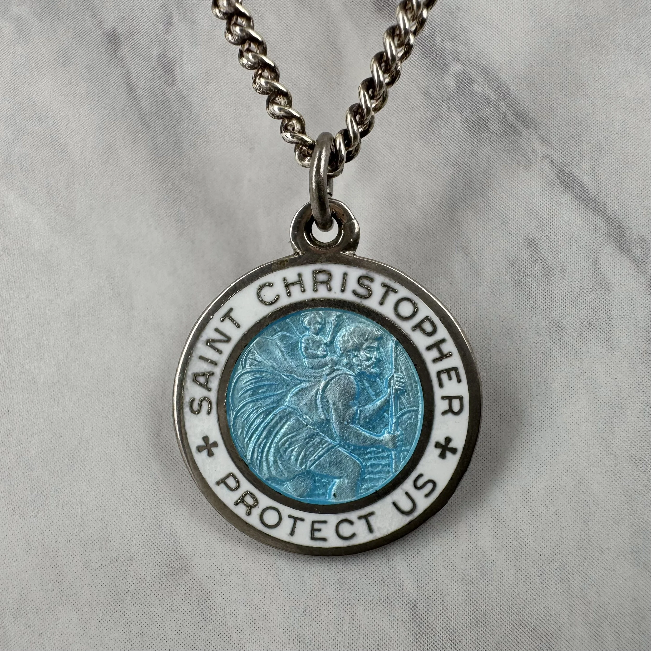 Vintage White and Aqua Blue Enameled Silver 3/4” St Christopher Necklace