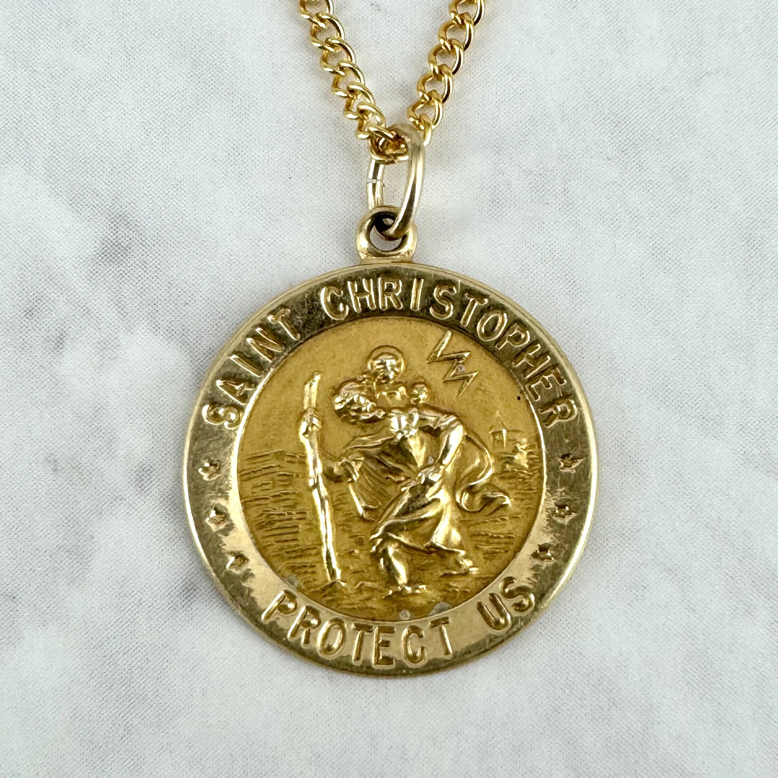 Vintage 3/4” Gold St Christopher Lighting Bolt Necklace