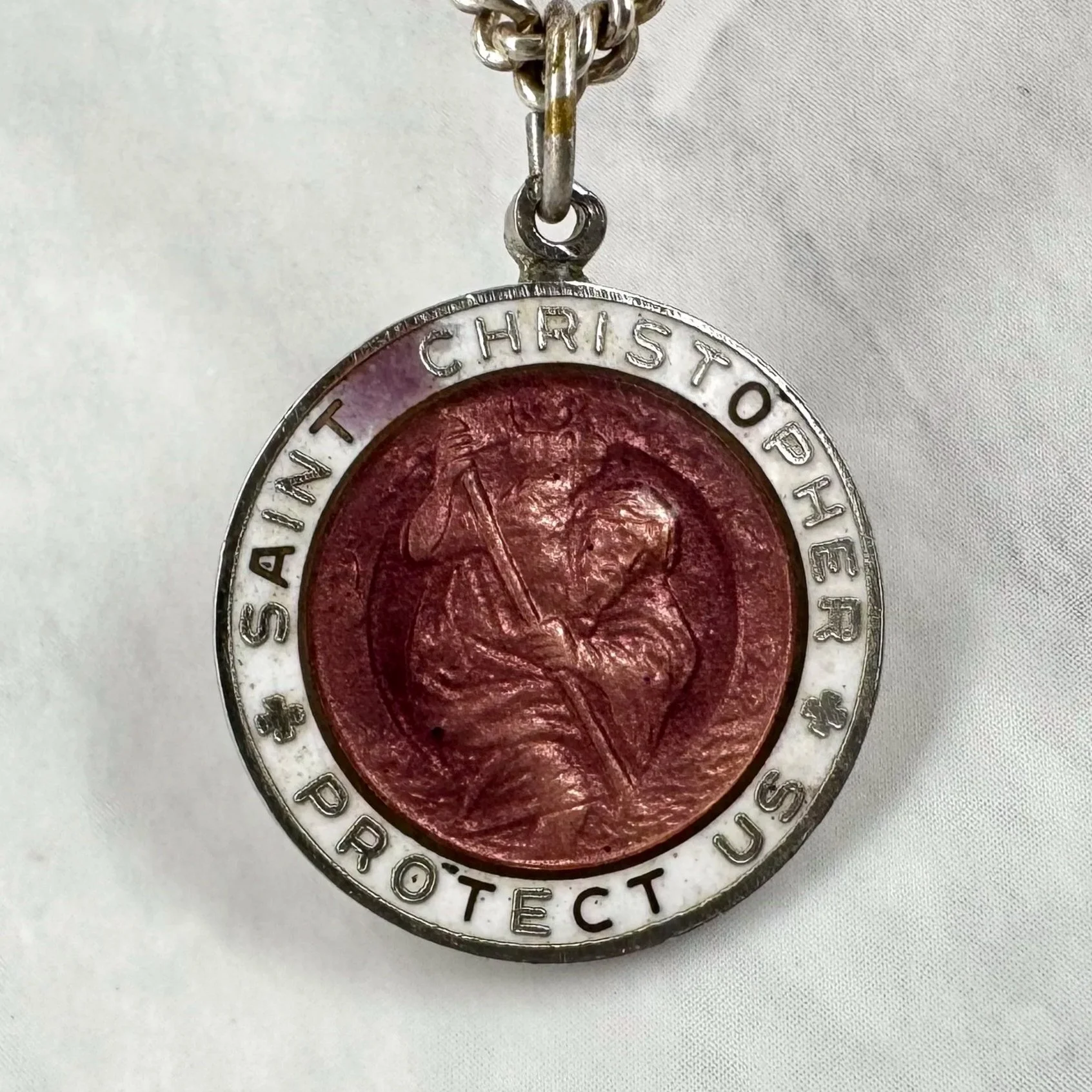 Vintage White and Lilac Rose Enameled St Christopher Zodiac Surfer Necklace