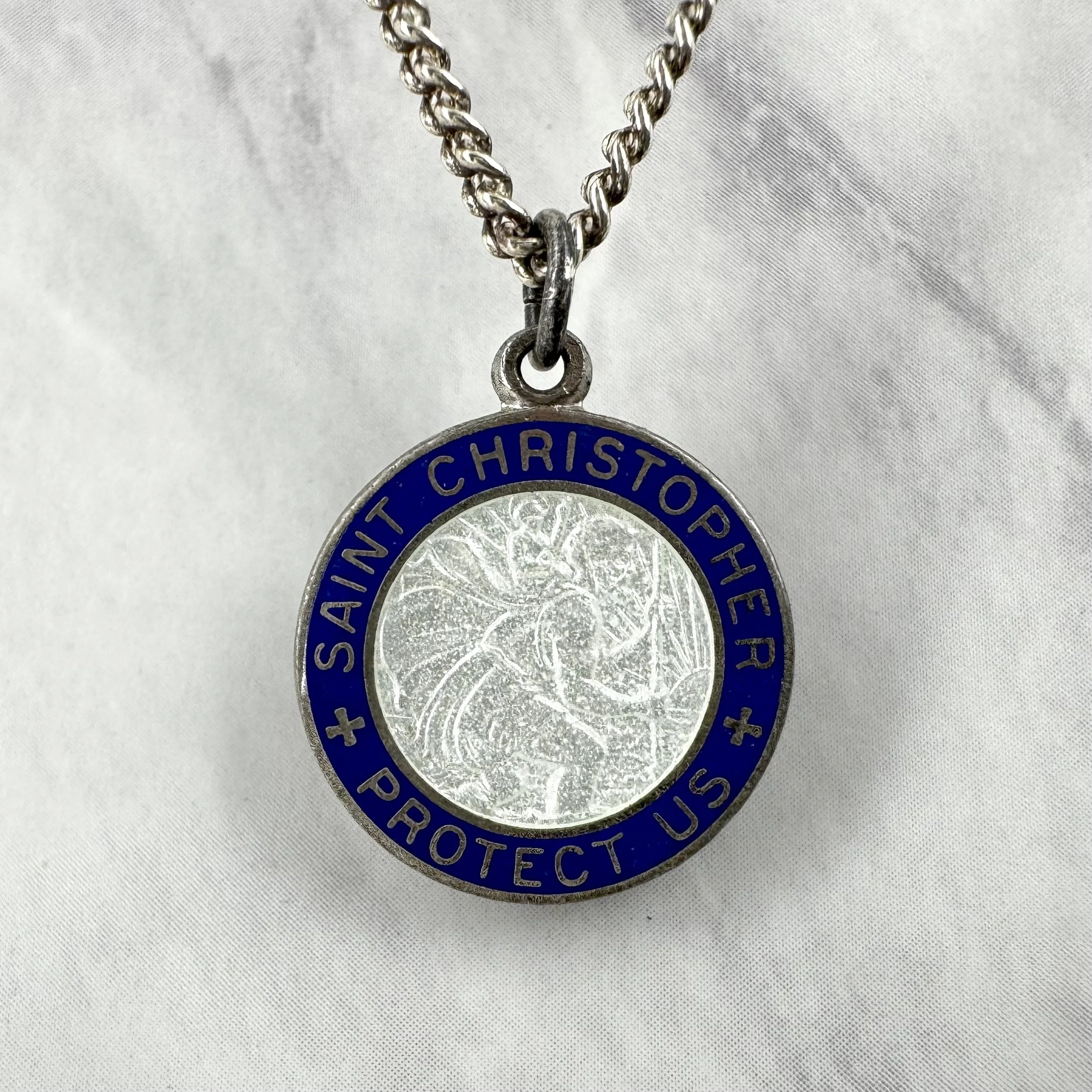 Vintage Navy and White Enameled Silver 3/4” St Christopher Necklace