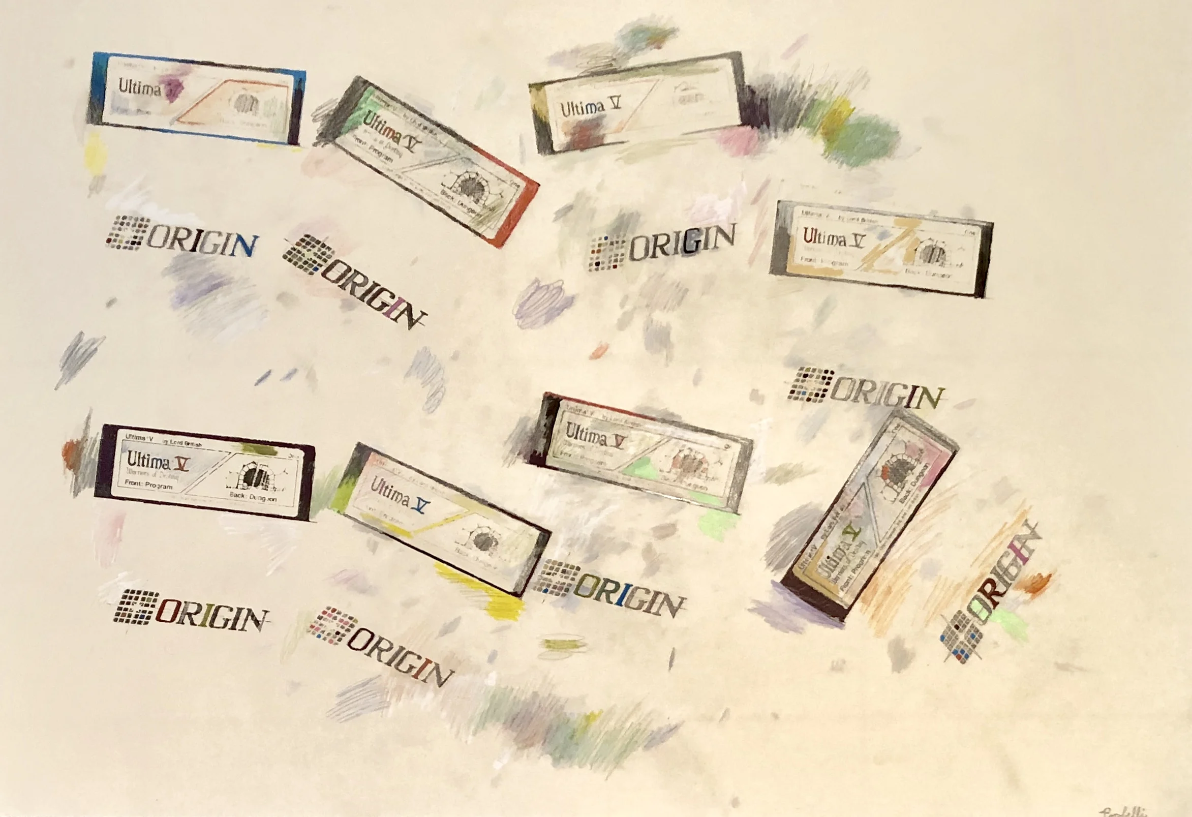 “Ultima V, Dungeon disks”, 100 cm x 70 cm, mixed media on paper.
