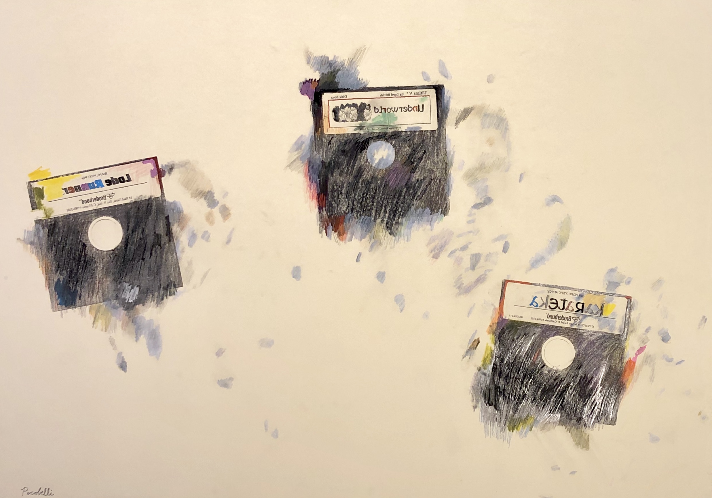 “Lode Runner+Ultima V+ Karateka”, 100 cm x 70 cm, mixed media on paper.