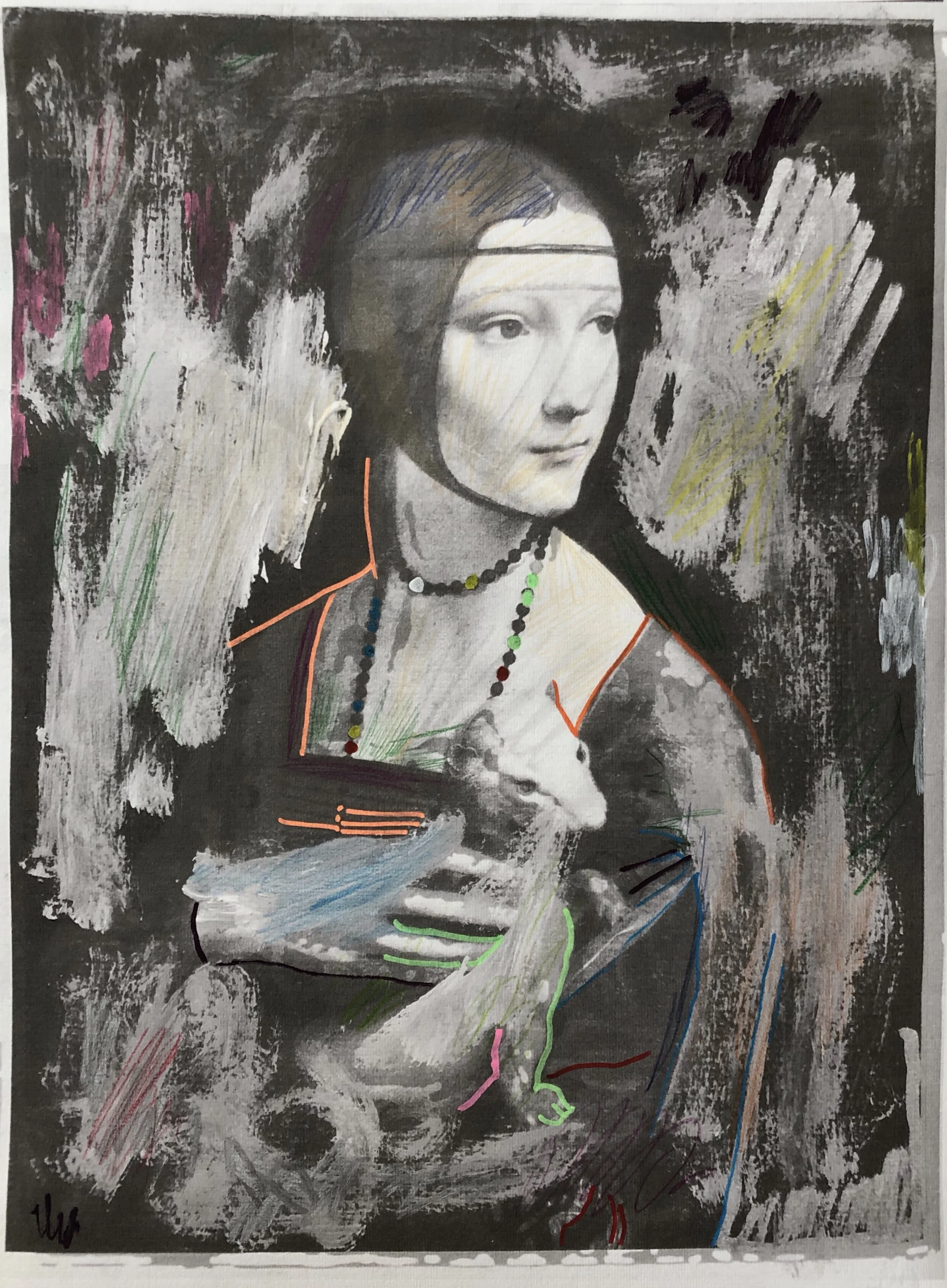 “Lady with Ermine”, 33.5 cm x 48 cm, mixed media on paper.