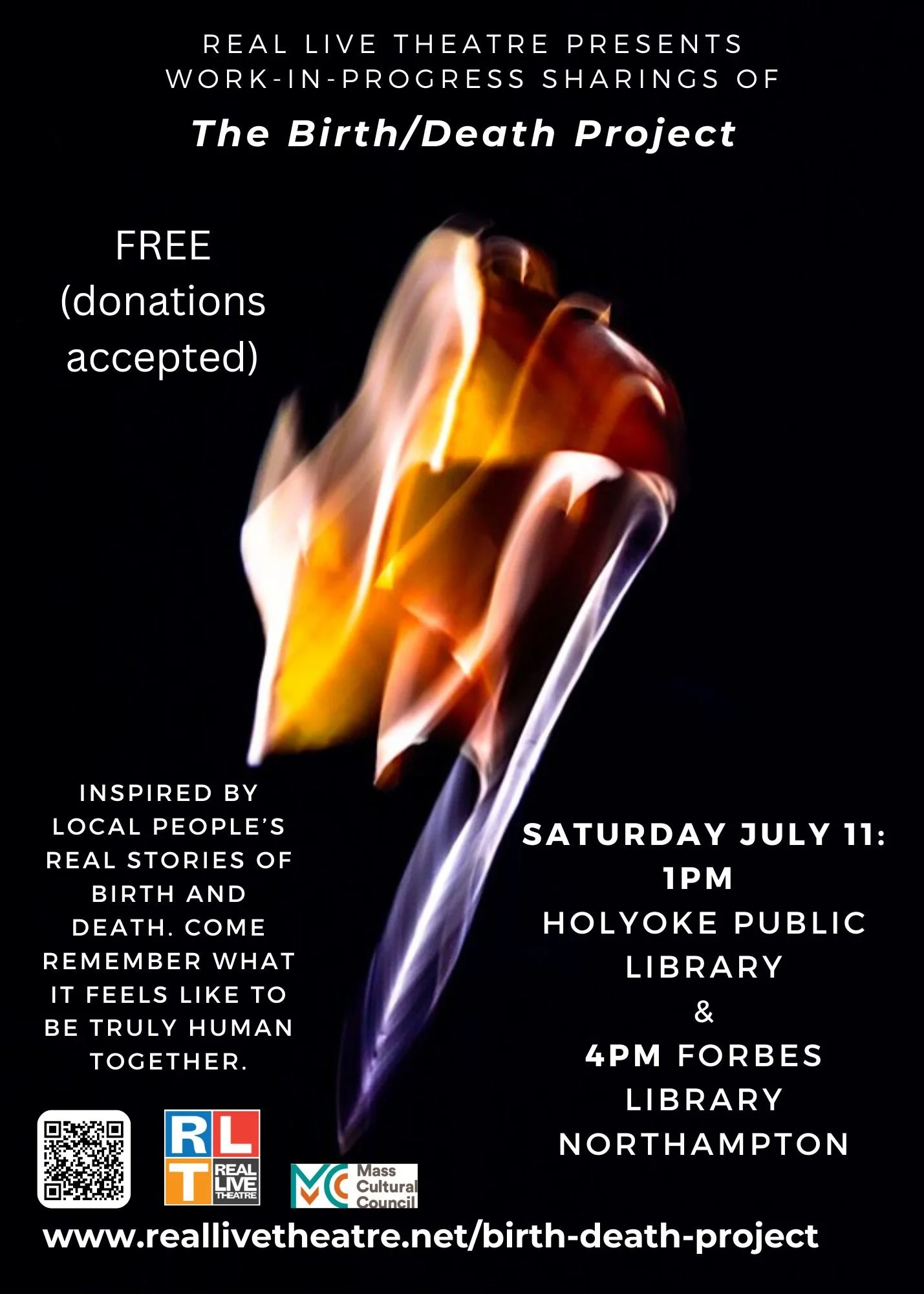 Black background with a large abstract dancing flame. White text reads: Real Live Theatre presents The Birth/Death Project. Inspired by local people's real stories of birth and death. Come remember what it feels like to be truly human together.