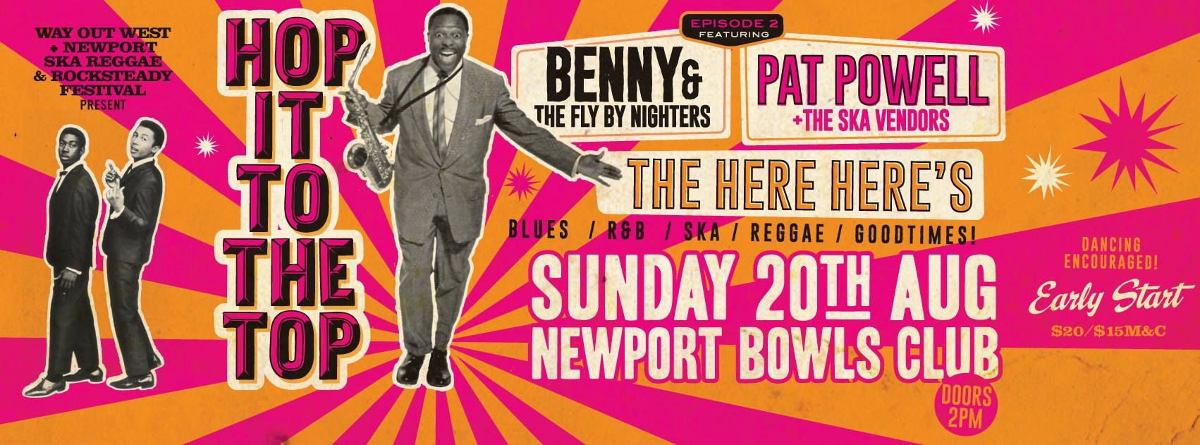 WOW and NSRRF have put together a scorching line up. The afternoon will begin nice and early with the luscious grooving instrumental goodness of the Here Here’s who are fresh from backing East LA’s Jackie mendez. Leading the charge will be the velvety tones of PAT POWELL who will be backed by THE SKA VENDORS as they nice up the dance with all grooves Jamaican. Special guests for the afternoon will be the hot-to-trot, BENNY & THE FLY BY NIGHTERS. Playing their highly acclaimed new album (which will be available on the day) The Fly By Nighters will deliver a floor shaking set of R&B, soul and blues. Hop It To The Top Episode II…an afternoon of music that dares you not to shake! See you on the dancefloor…