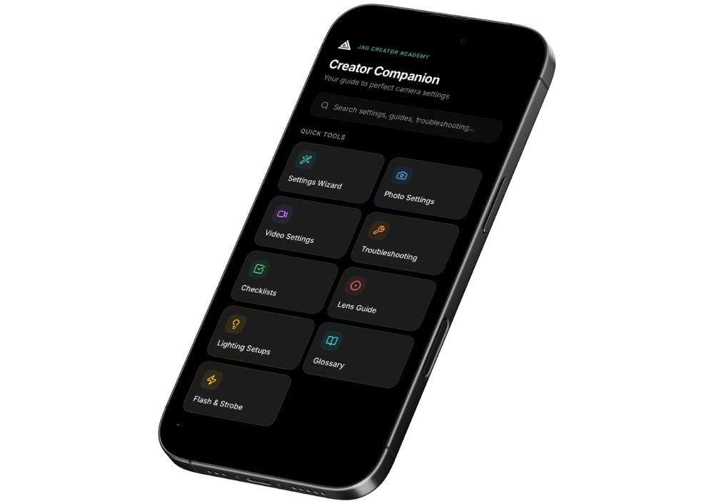 Creator Companion mobile app featuring photography and videography learning resources for students.