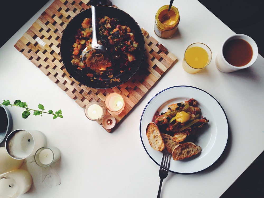 Beetroot and chard brunch hash with gherkins and English mustard
