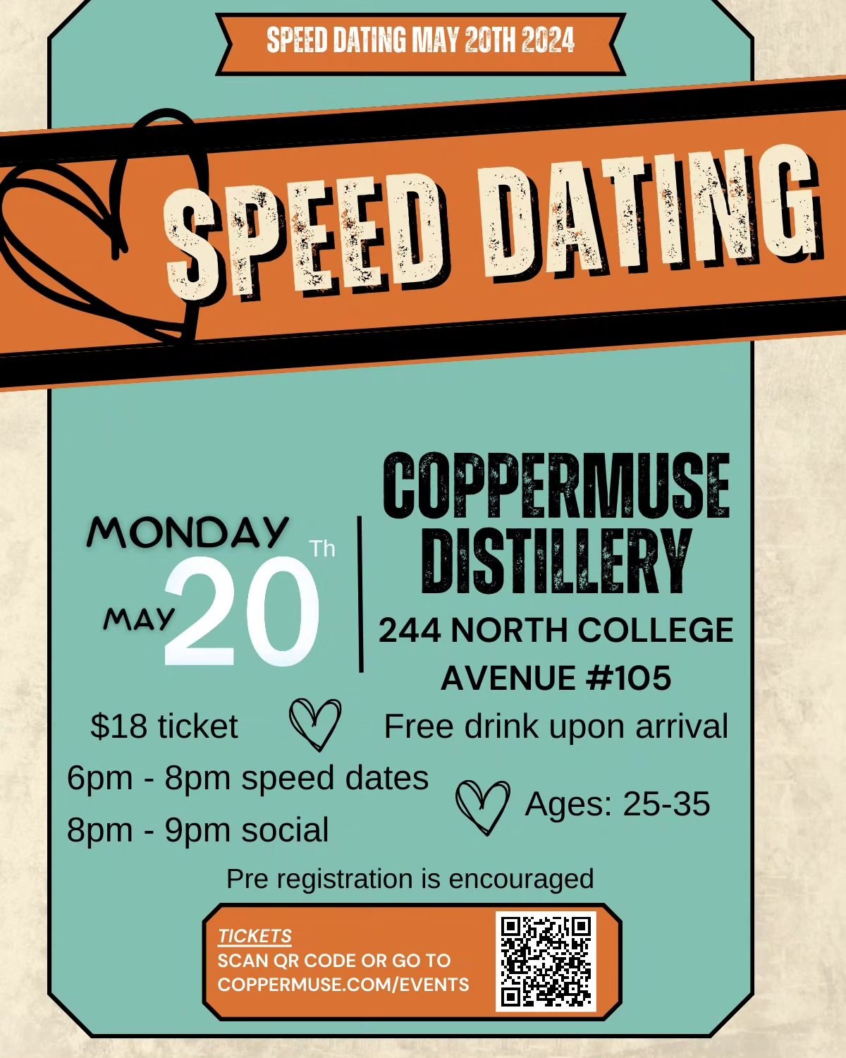 Have you been looking for love in all the wrong places? Are you single and ready to mingle? 💘

Well, join us on Monday, May 20th, for our speed dating event!

Pre registration is preferred. Sign up is on our website!