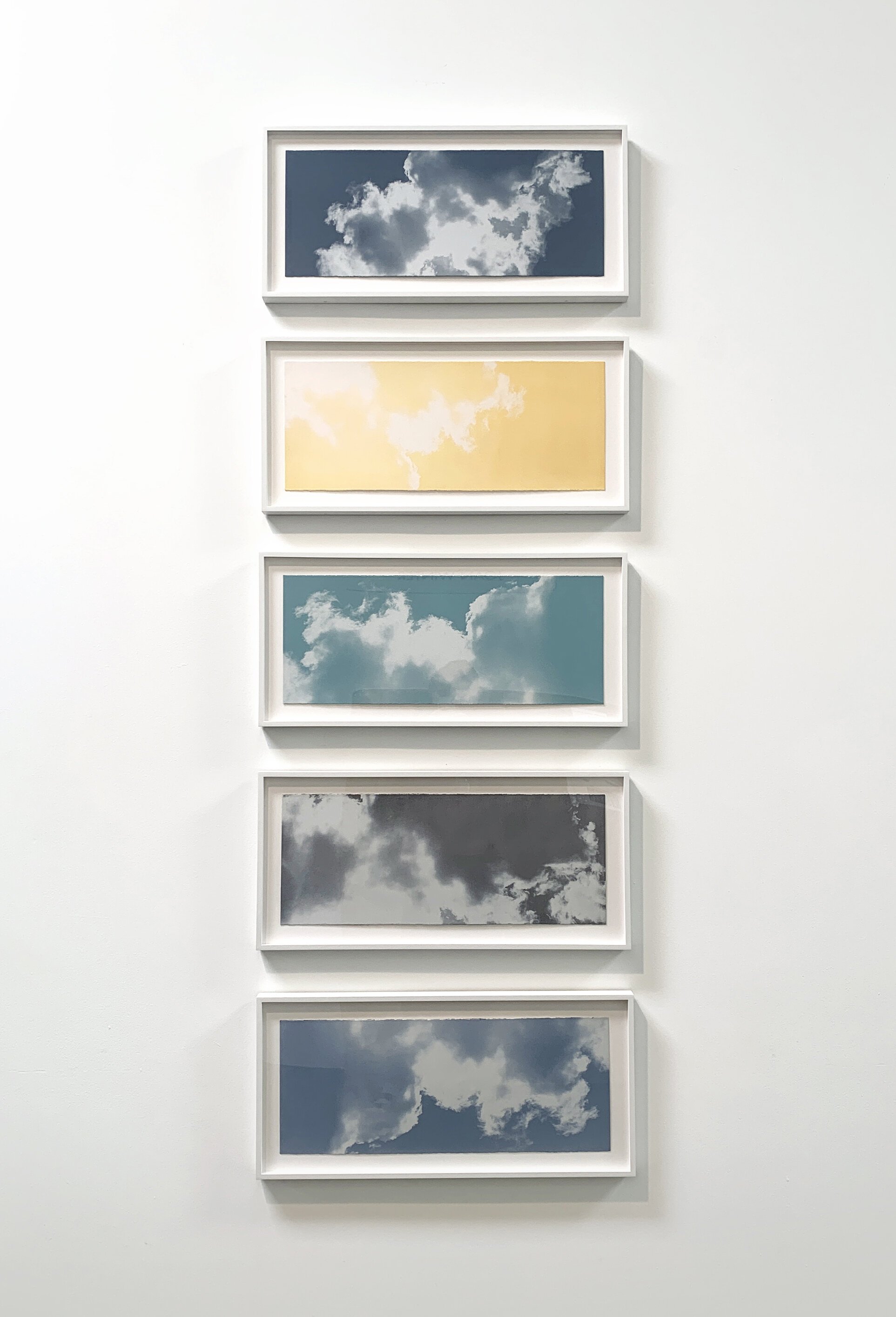  Fleeting Series, 2020, Fleeting (Phthalo Blue), Fleeting (Naples Yellow), Fleeting (Cobalt Teal), Fleeting (Silver Grey), Fleeting (Ultramarine Blue), Archival pigment print on oil painted Fabriano paper, Monoprint, 9 x 22 inches 