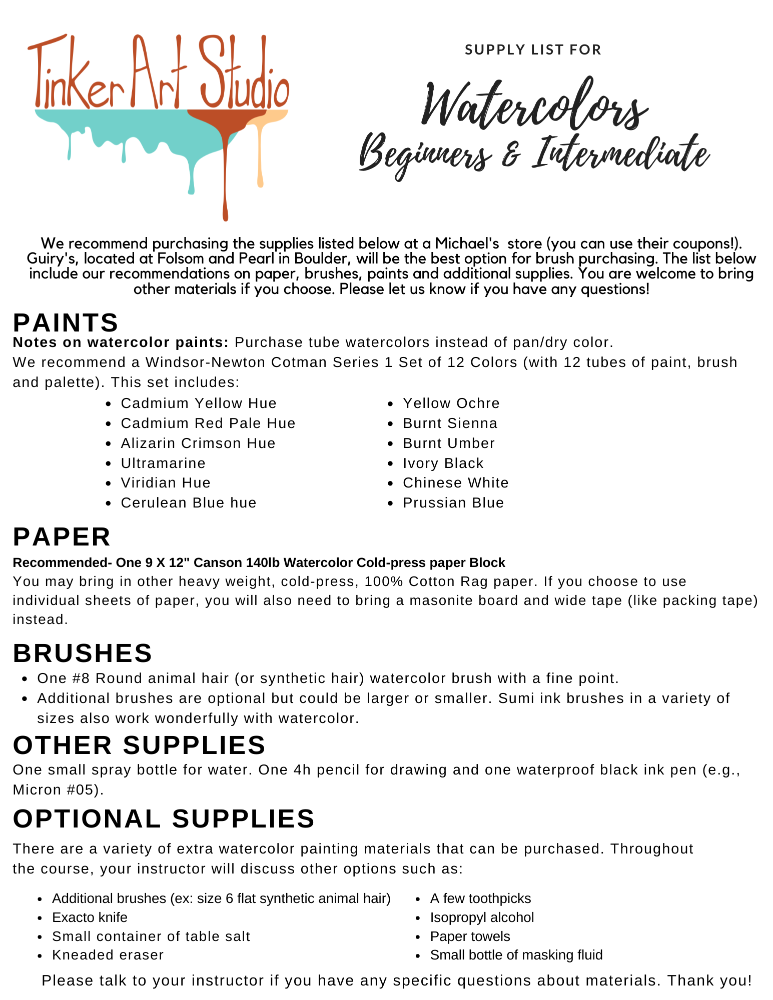 Suggested Art Supply List for Classes - Art Works! Studio