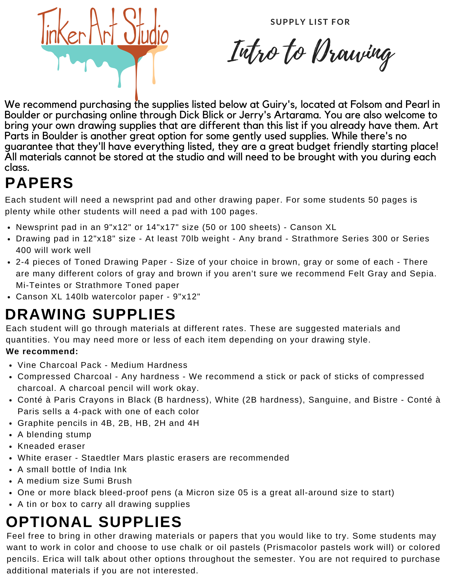 Materials List for Charcoal Drawing