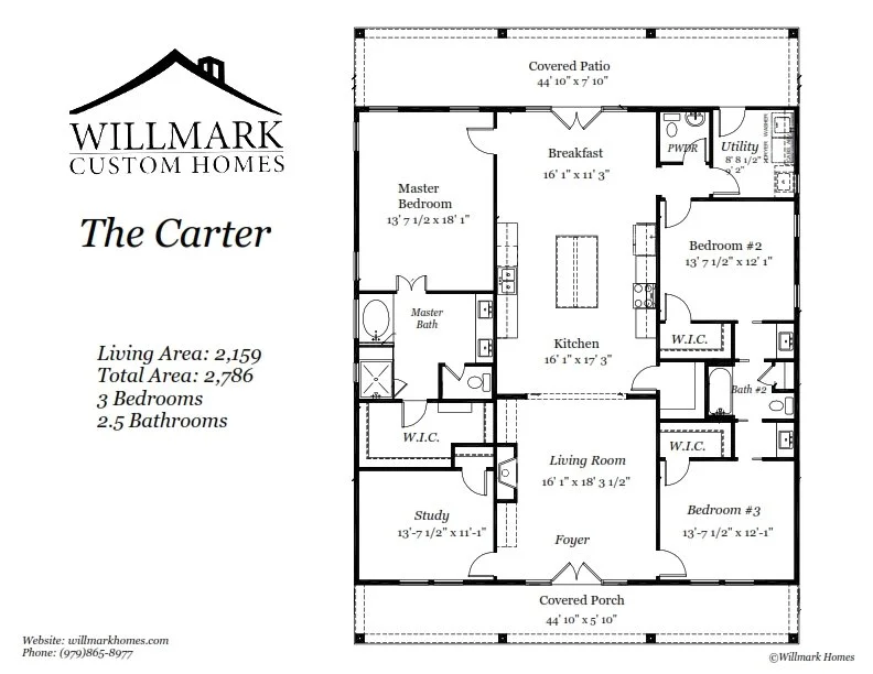 Floor plan of a house named 'The Carter' by Willmark Custom Homes, featuring 3 bedrooms, 2.5 bathrooms, living area of 2,159 sq ft, includes master bedroom, two additional bedrooms, study, living room, kitchen, breakfast area, utility room, covered p