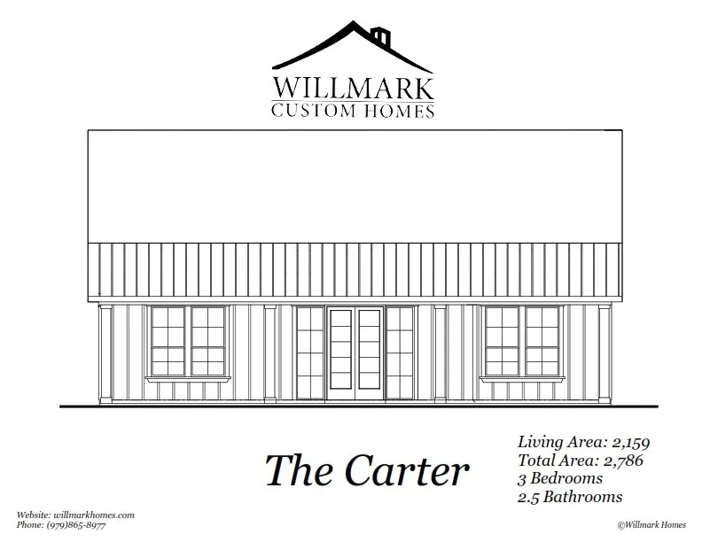 Blueprint drawing of a custom home named The Carter by Willmark Homes, with a front view showing a gable roof, double doors, and window details.