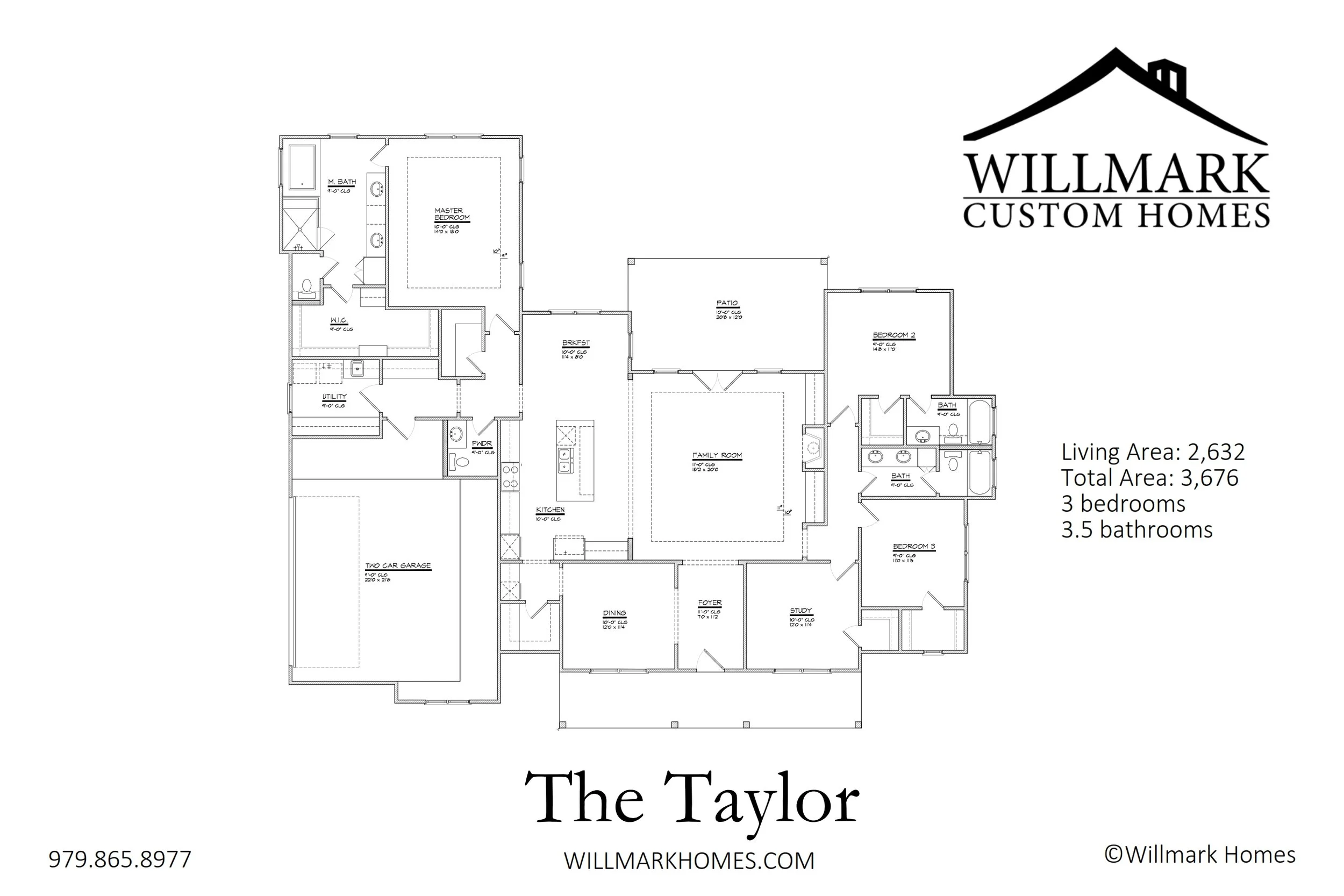 Floor plan of a single-story house with labeled rooms, including a master bedroom, two additional bedrooms, three and a half bathrooms, a kitchen, family room, dining room, study, utility room, and a two-car garage. The house is named "The Taylor" an