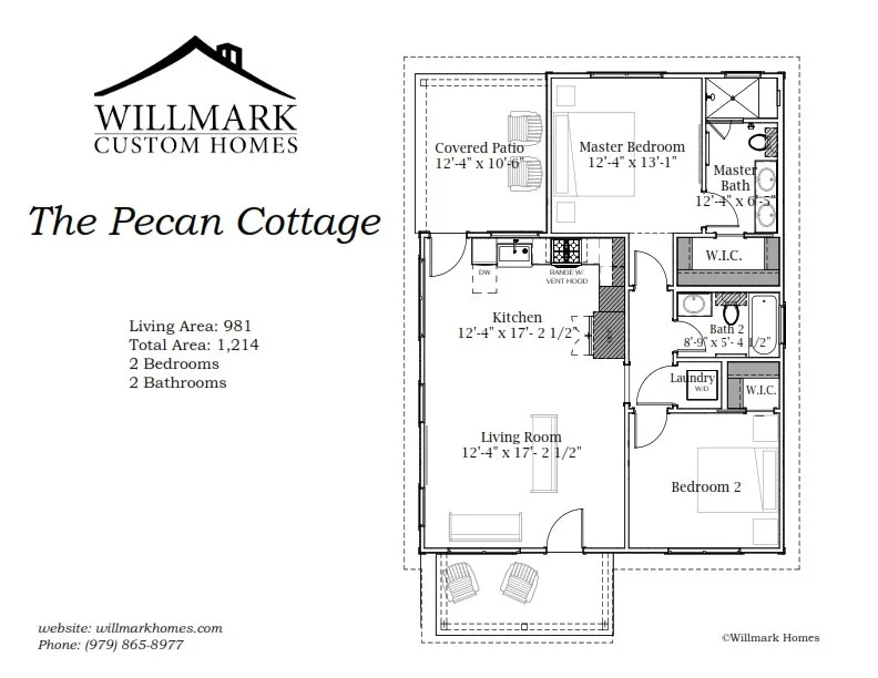 Floor plan of The Pecan Cottage by Willmark Homes showing a kitchen, living room, master bedroom with bathroom and walk-in closet, bedroom 2 with walk-in closet, two bathrooms, laundry area, covered patio, and overall layout.