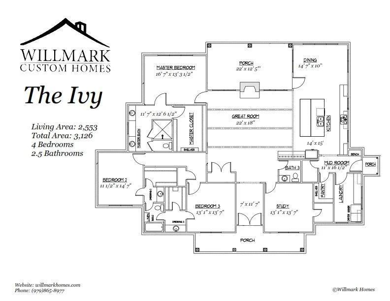 Floor plan of a single-story home named The Ivy by Willmark Custom Homes, featuring four bedrooms, two and a half bathrooms, a living area of 2,553 square feet, with labeled rooms including master bedroom, bedroom 2 and 3, study, great room, kitchen,