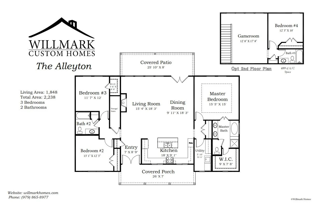 Floor plan of a house with three bedrooms, two bathrooms, a living room, kitchen, dining room, utility room, mudroom, covered porch, and a two-story game room with a bedroom and bath upstairs.