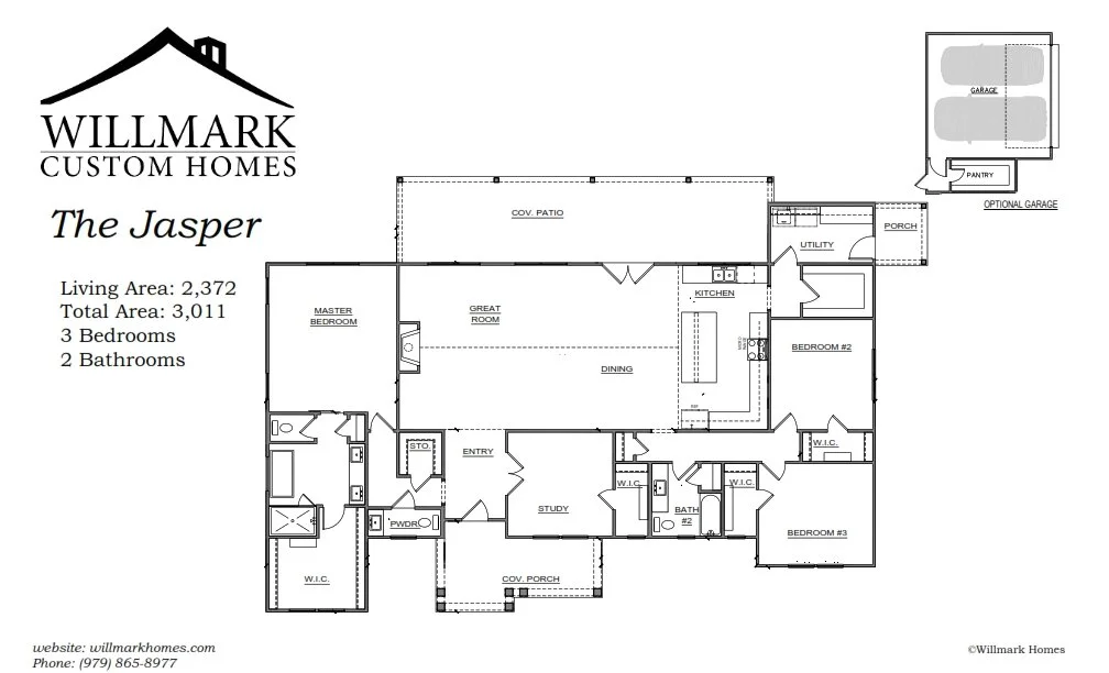 A detailed floor plan of The Jasper model home by Willmark Custom Homes, showing interior rooms, exterior porches, garage, and utility areas, with labels for each space.