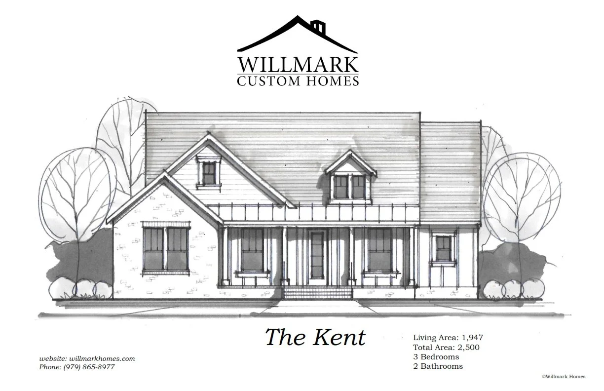 Black and white sketch of a house called 'The Kent' by Willmark Custom Homes, featuring its front view with trees on both sides, a porch with steps, and windows on the siding. Includes details on living area, total area, bedrooms, and bathrooms.
