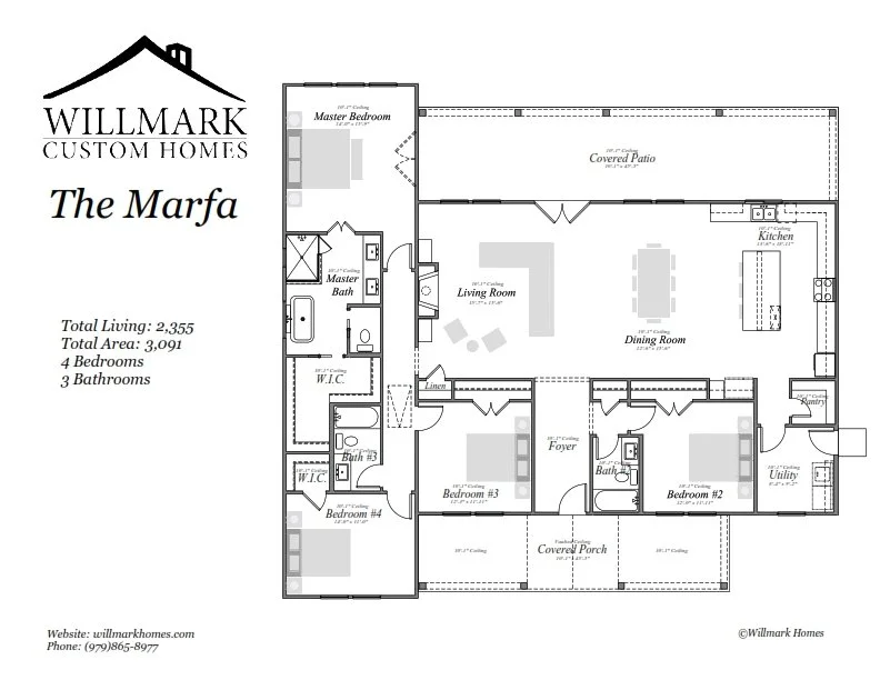 Floor plan of a house named 'The Marfa' by Willmark Homes, showing layout with four bedrooms, three bathrooms, a living room, kitchen, dining room, covered patio, and utility room.