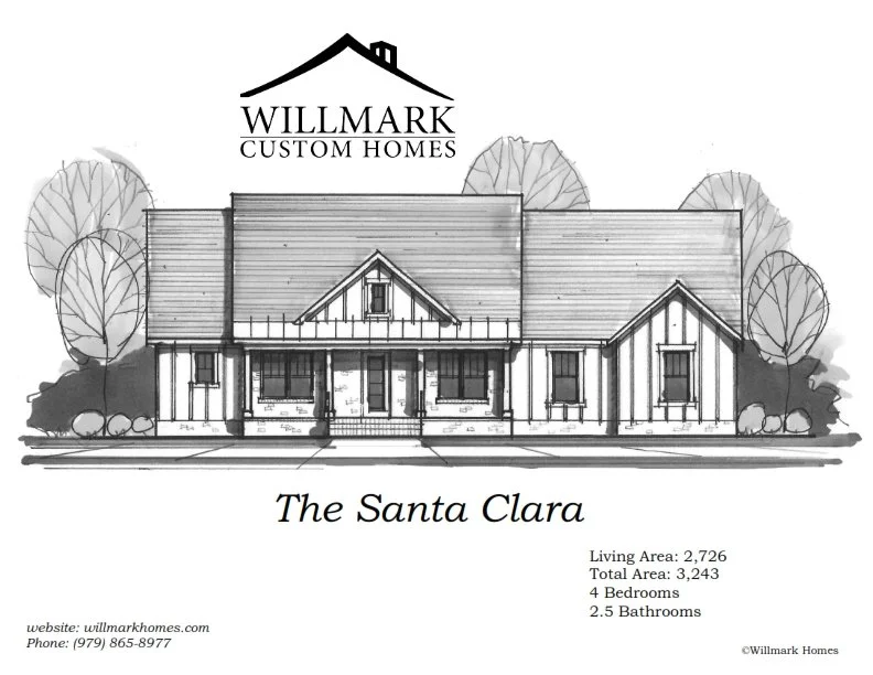 Black and white sketch of a house designed by Willmark Custom Homes, named The Santa Clara, with trees in the background, and contact information at the bottom.