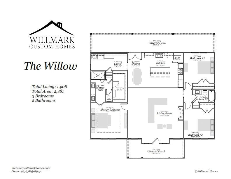 Floor plan of a house called The Willow with three bedrooms, two bathrooms, and a covered porch and patio, including a living room, kitchen, utility, dining area, and master bedroom with walk-in closet.